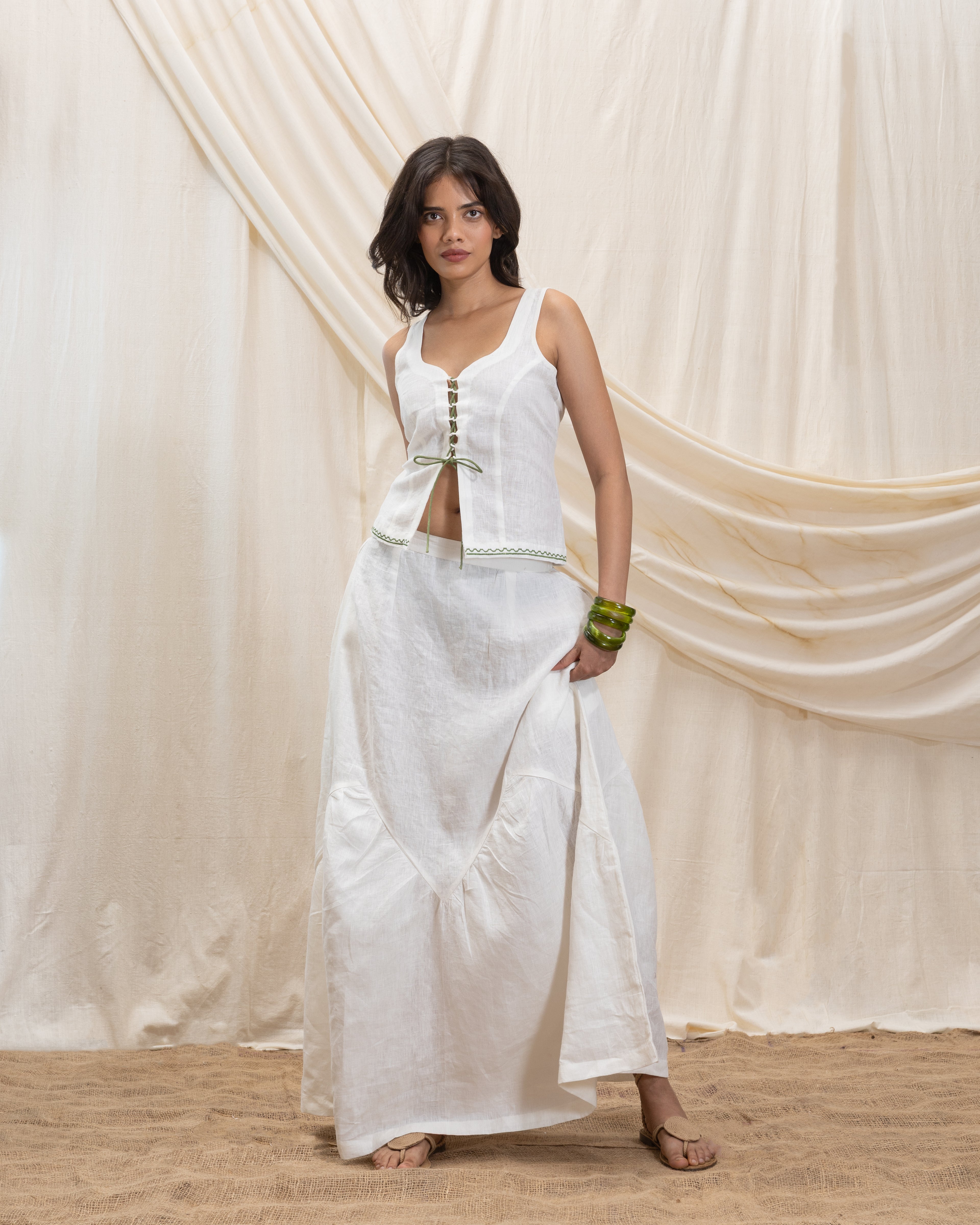 Linen Tie Up Corset and Flowy Skirt Set