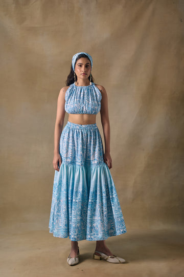 Blue Landscape Gathered Blouse