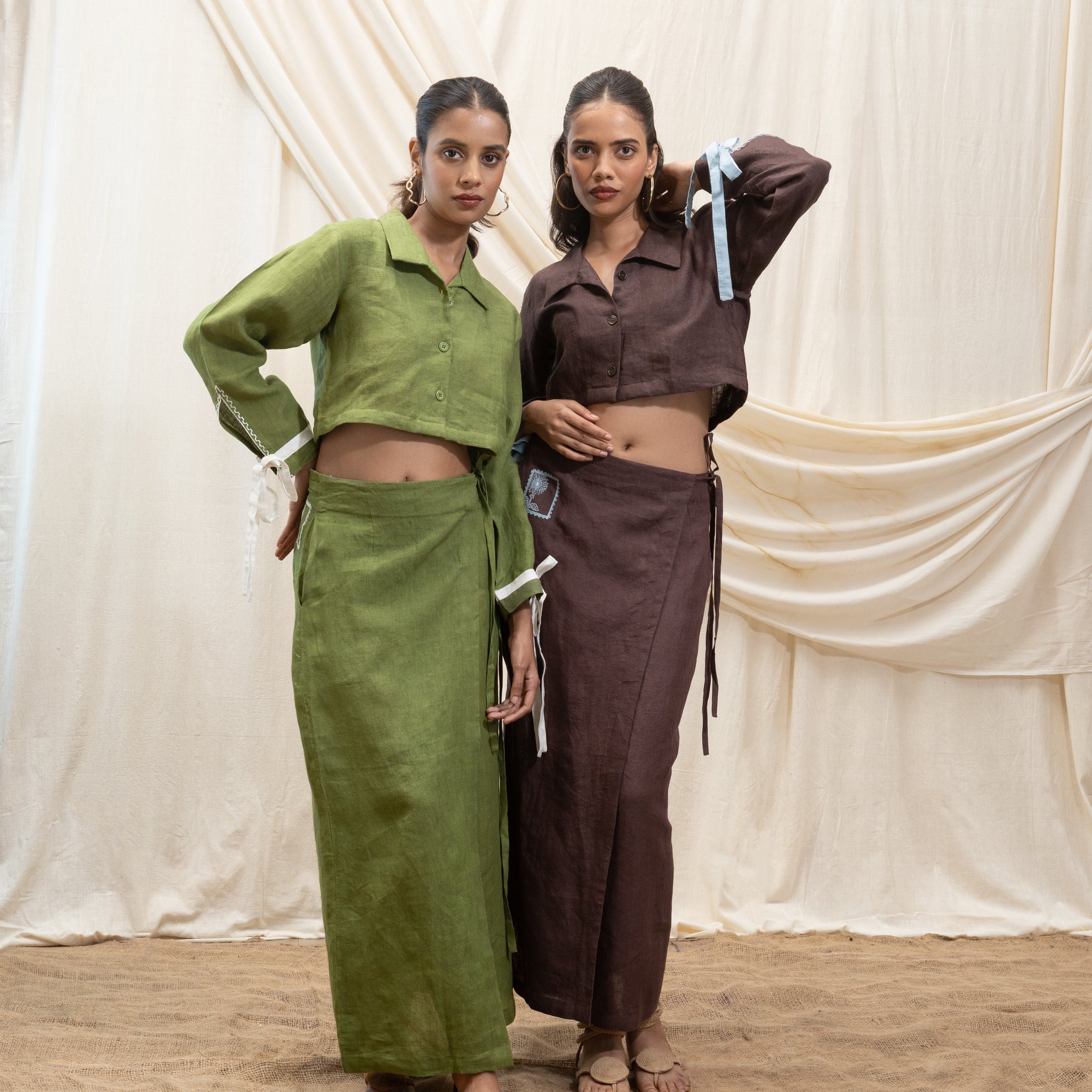 Linen cropped shirt and wrap skirt set