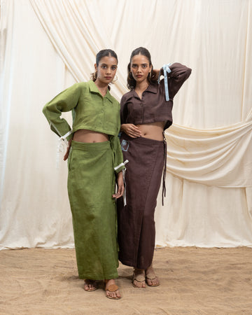 Linen cropped shirt and wrap skirt set