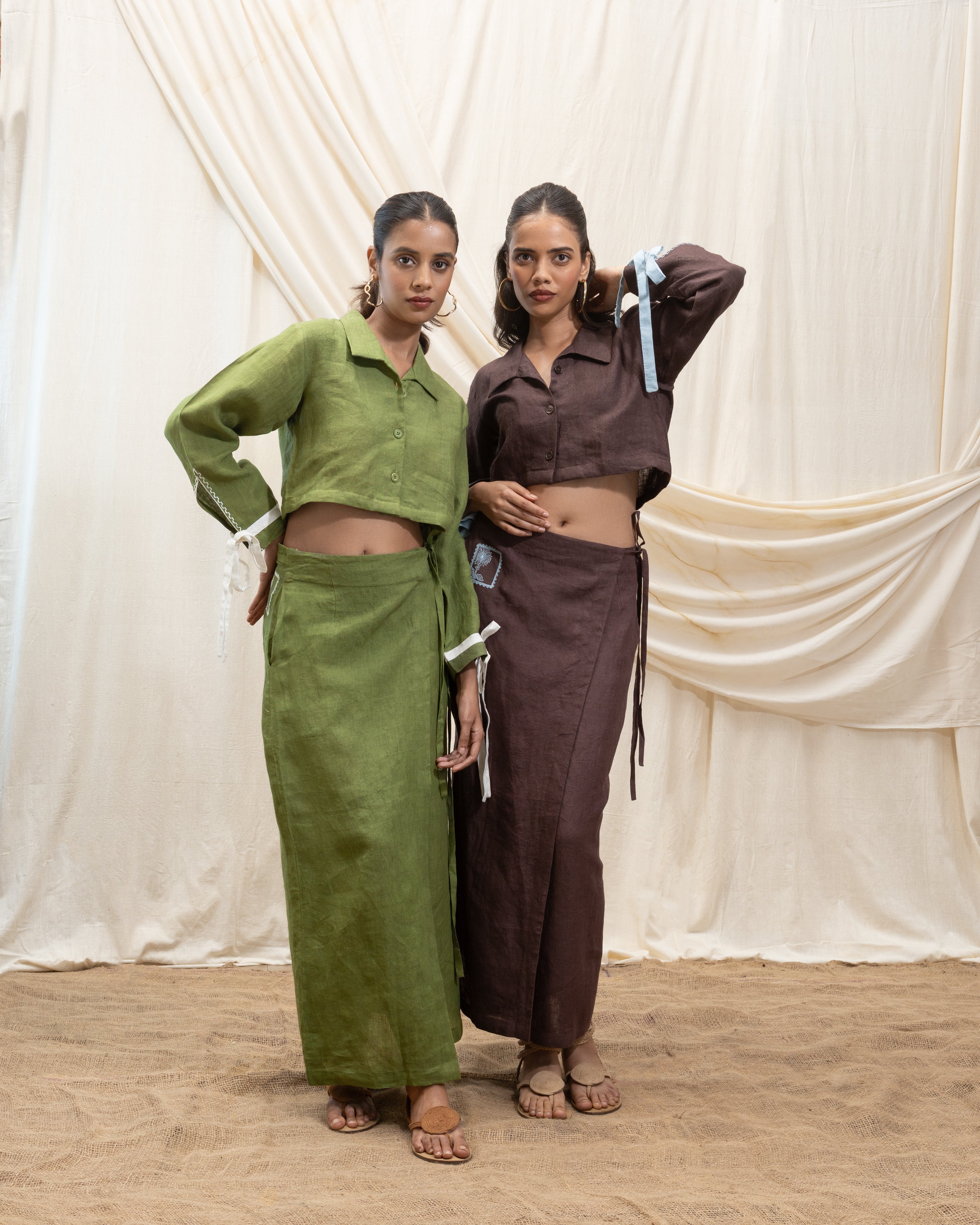 Linen cropped shirt and wrap skirt set