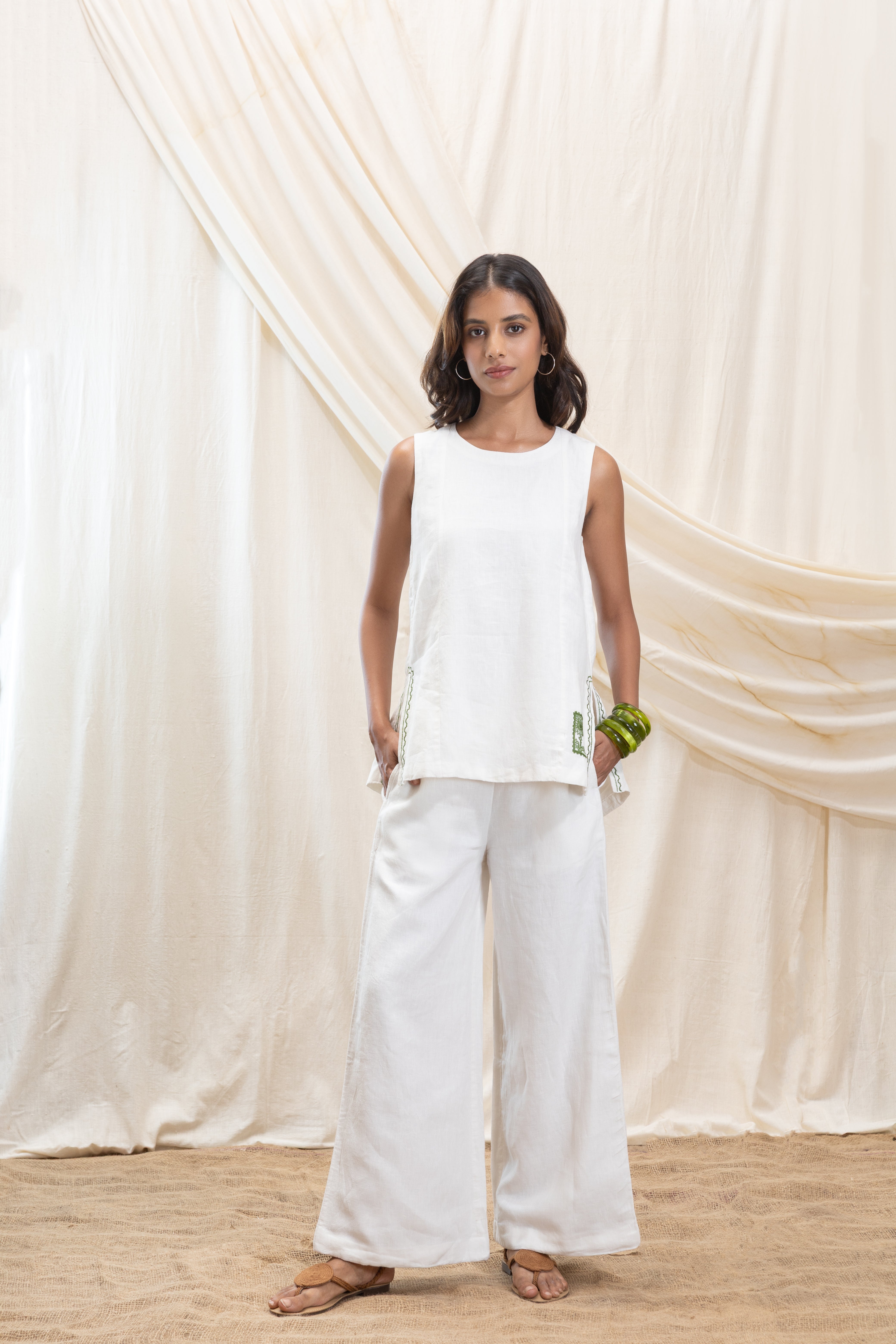 Linen tunic top and flared pant set