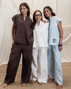 Linen V Neck Top and Pleated Drawstring Pant Set