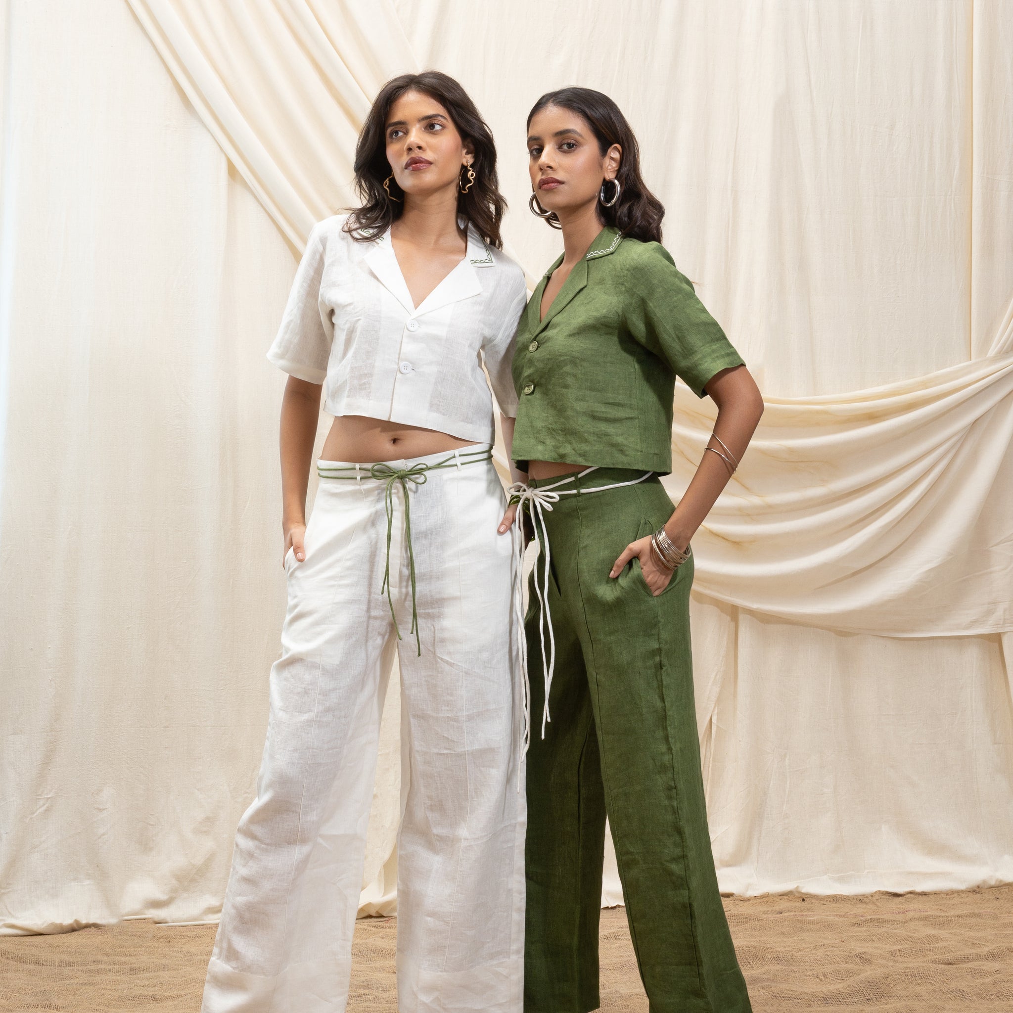 Linen cropped blazer and straight pant set
