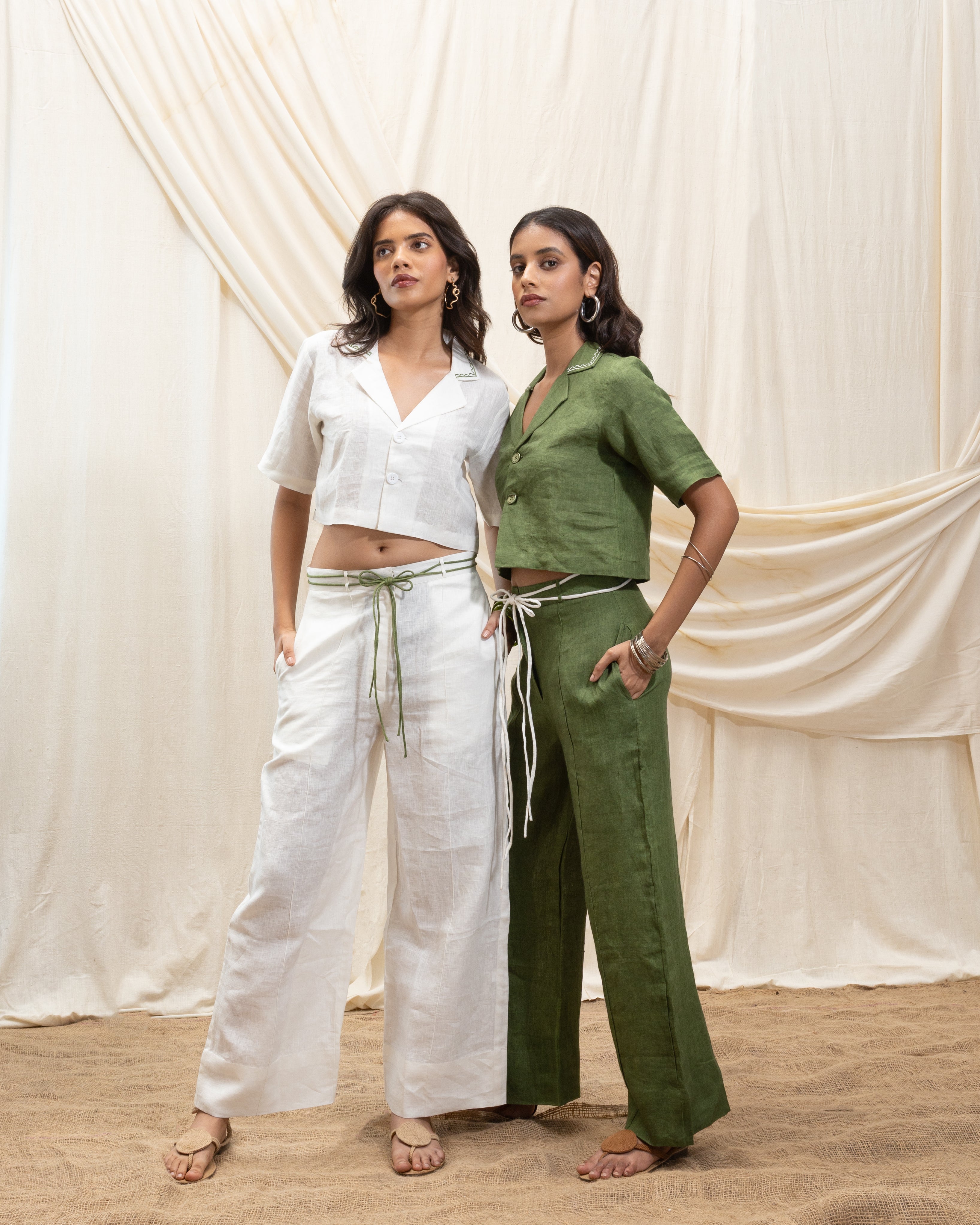 Linen cropped blazer and straight pant set