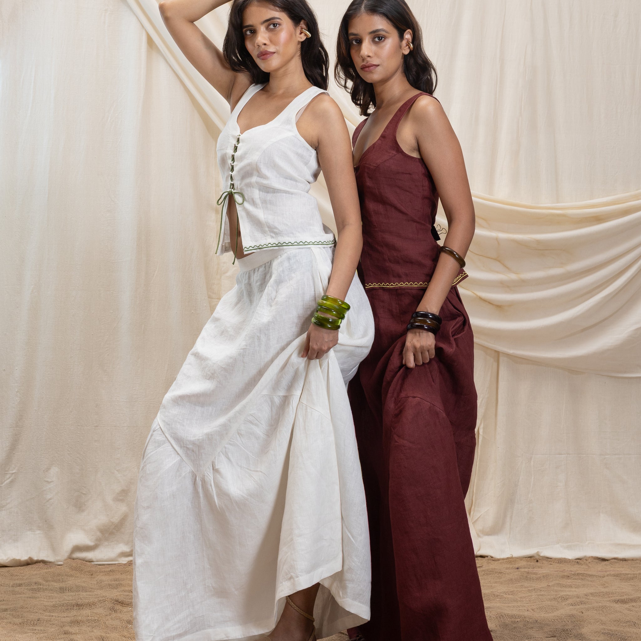 Linen tie up corset and flowy skirt set