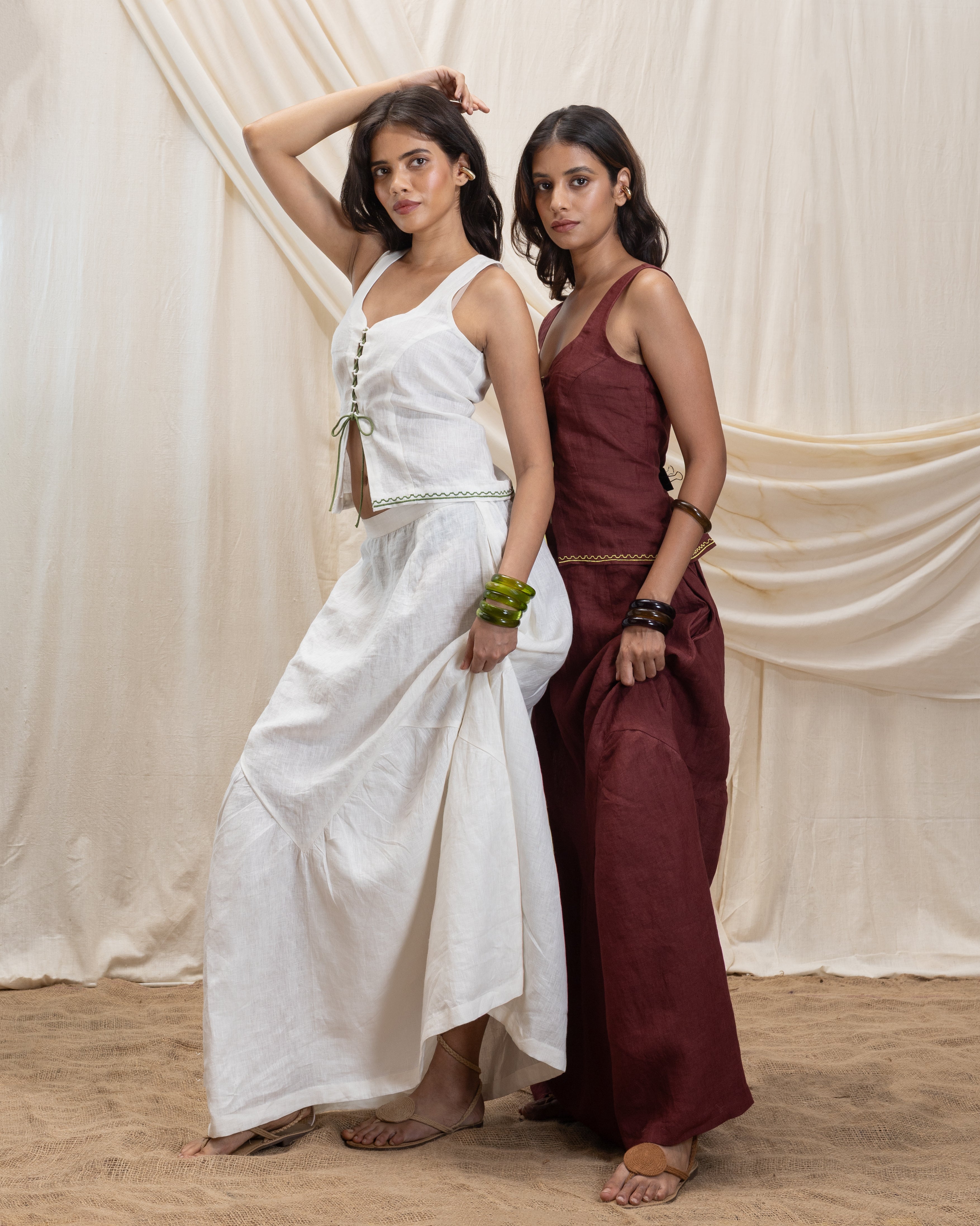 Linen tie up corset and flowy skirt set