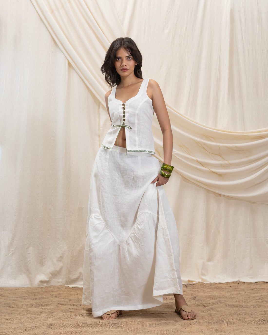 Linen tie up corset and flowy skirt set