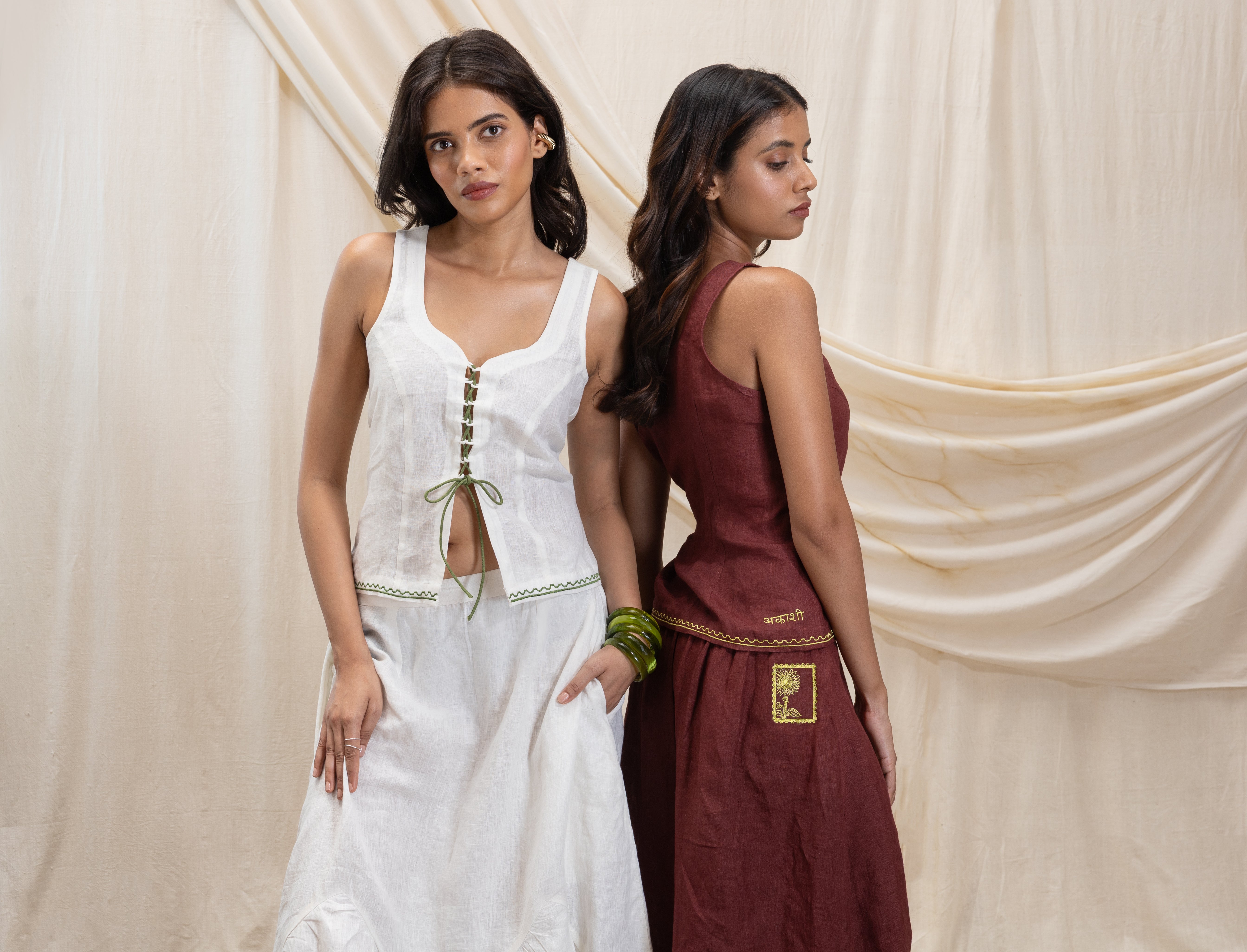 Linen tie up corset and flowy skirt set