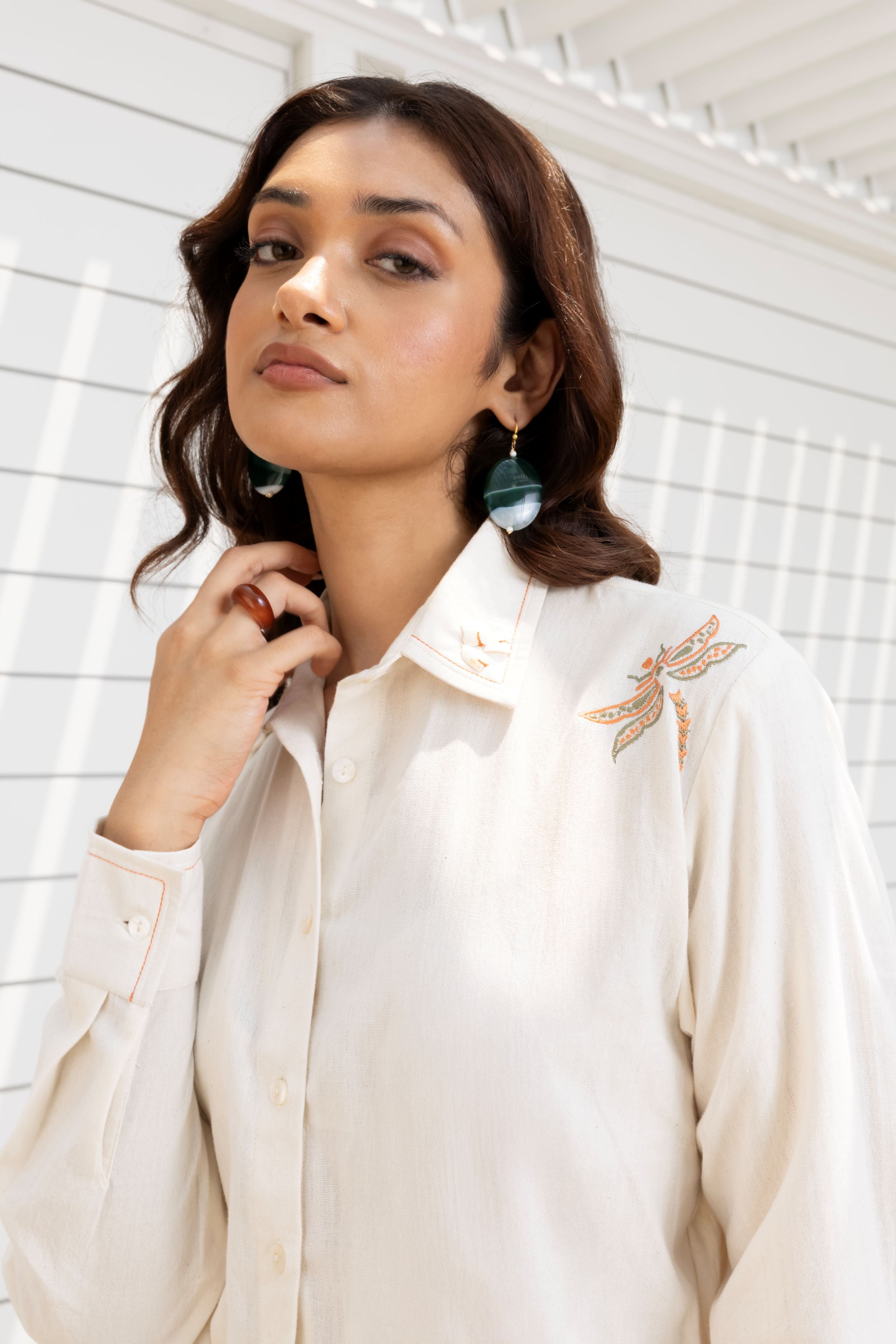 Butterfly Embroidered Cropped Shirt