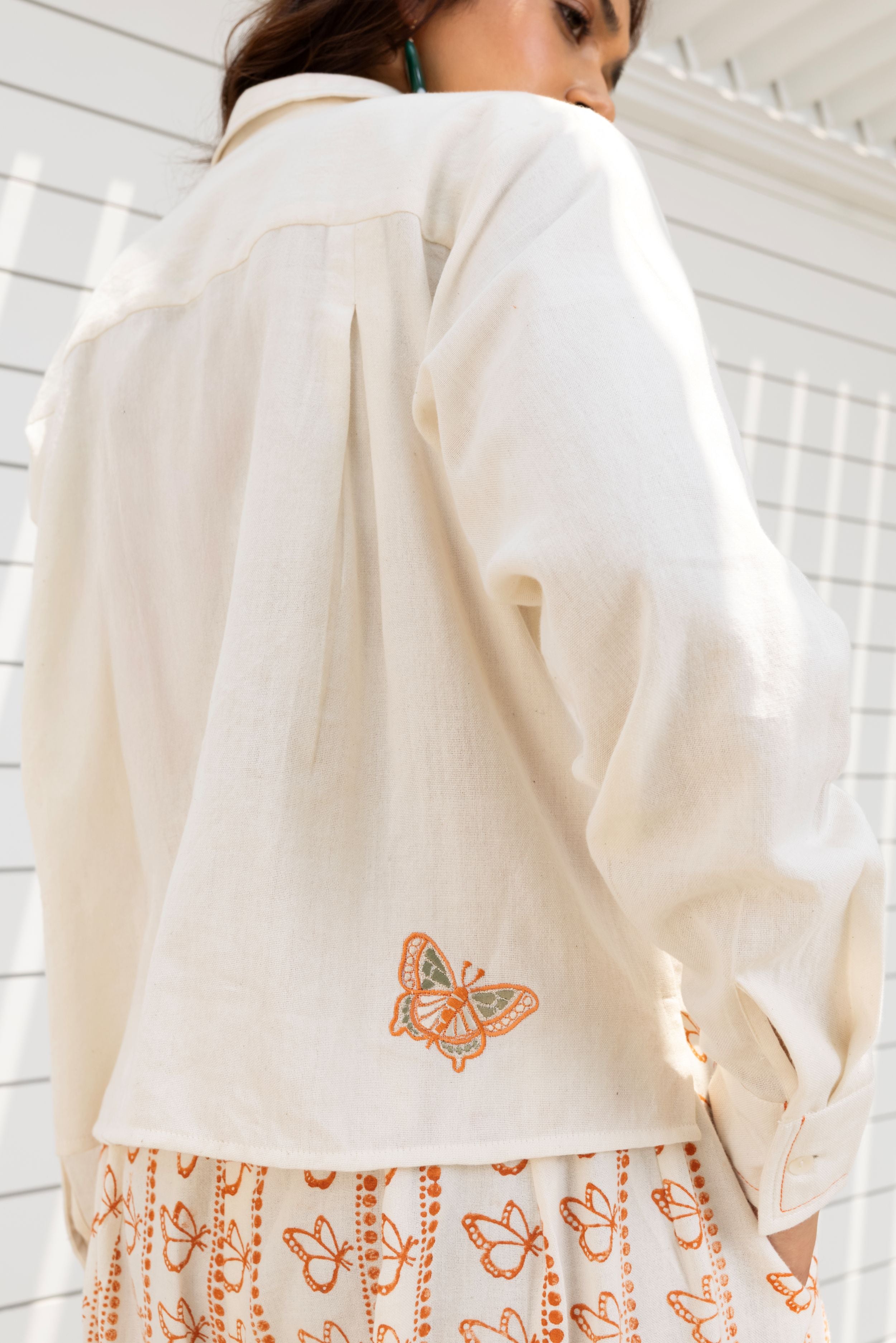 Butterfly Embroidered Cropped Shirt