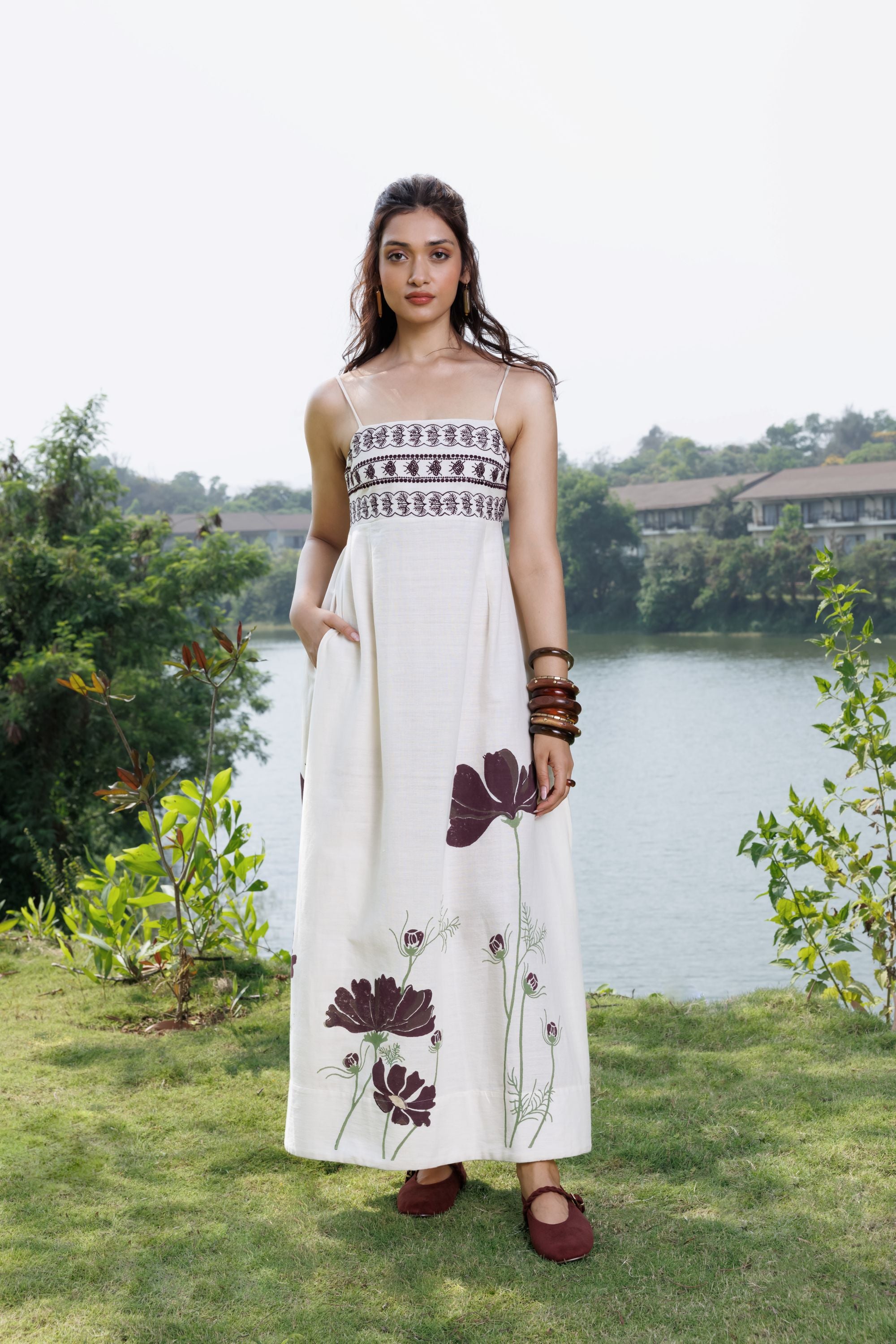 Embroidered Maxi Dress with Back Tie Up