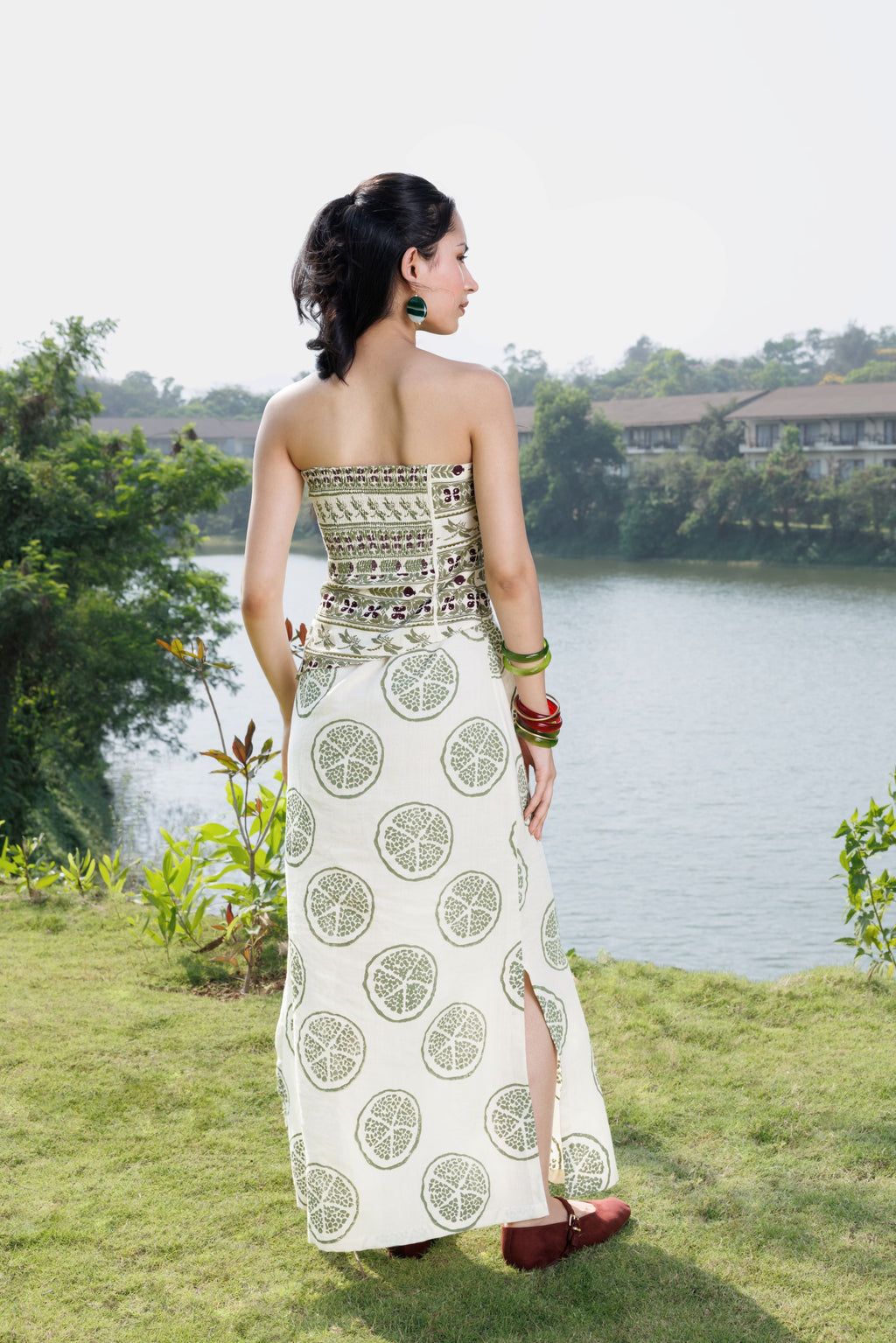 Embroidered Tube Maxi Dress with Ruched Back