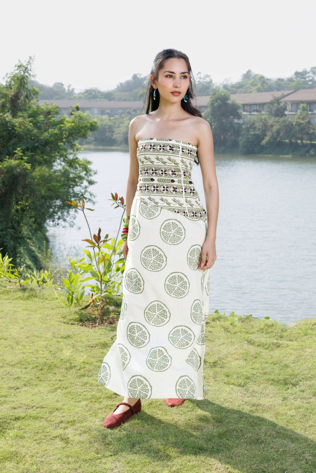 Embroidered Tube Maxi Dress with Ruched Back