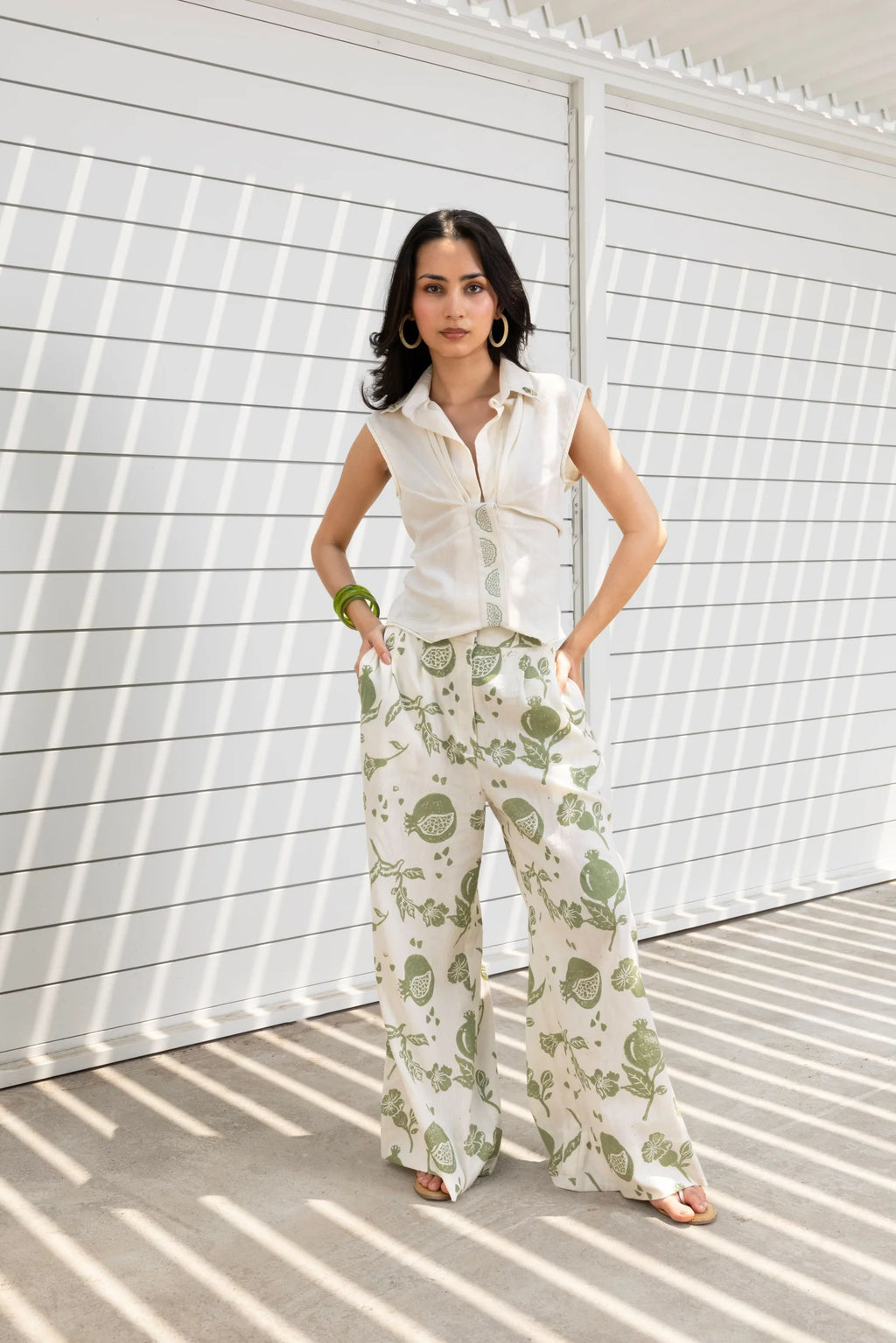 Front-Open Button Gathered Top with Embroidery + Printed Wide Leg Pants Set