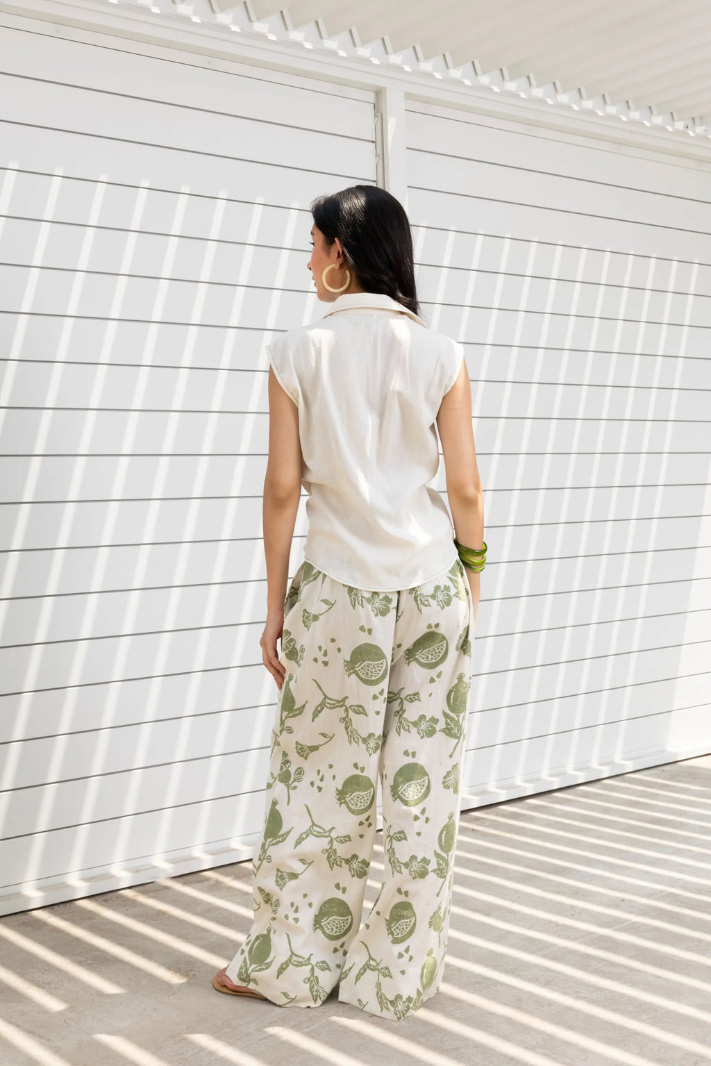 Front-Open Button Gathered Top with Embroidery + Printed Wide Leg Pants Set