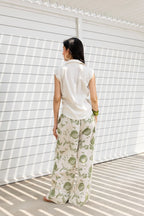 Front-Open Button Gathered Top with Embroidery + Printed Wide Leg Pants Set
