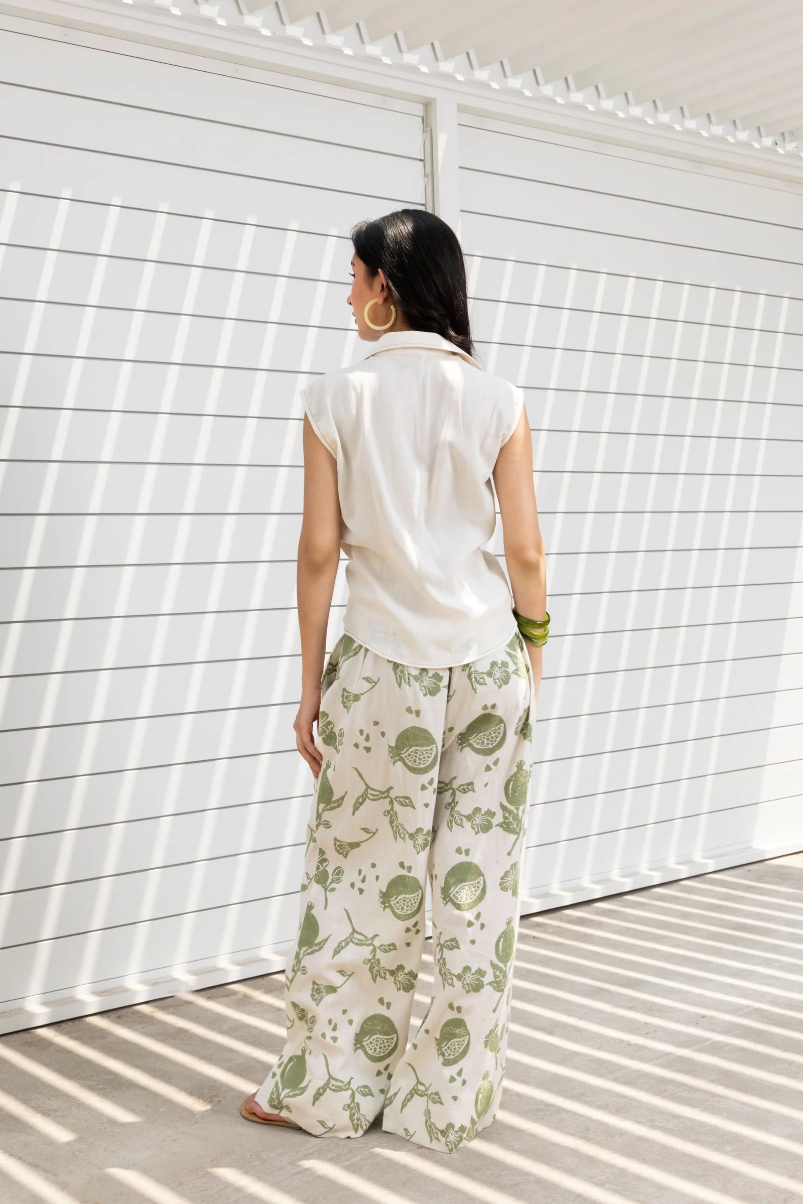 Front-Open Button Gathered Top with Embroidery + Printed Wide Leg Pants Set