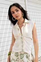 Front-Open Button Gathered Top with Embroidery + Printed Wide Leg Pants Set