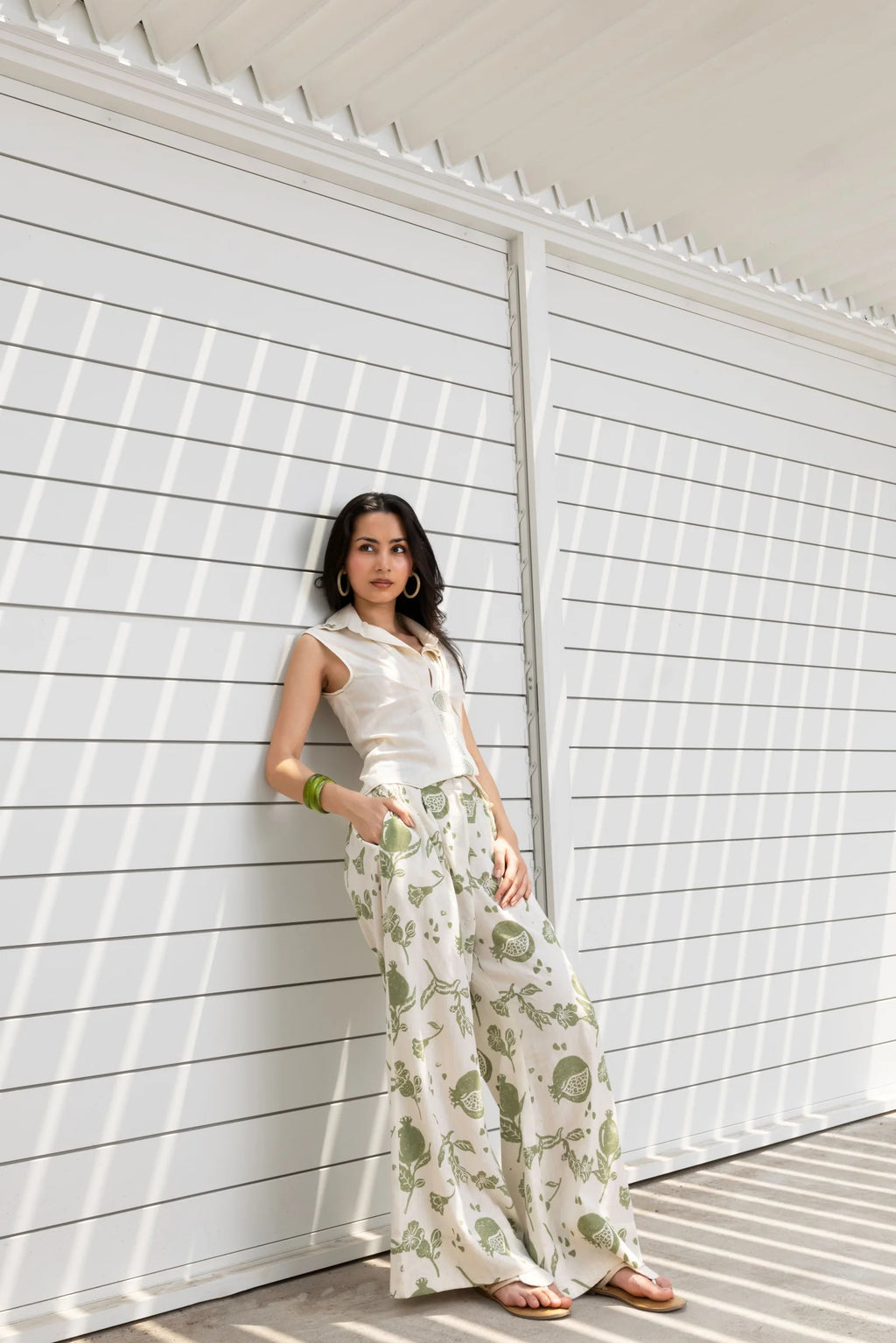 Front-Open Button Gathered Top with Embroidery + Printed Wide Leg Pants Set