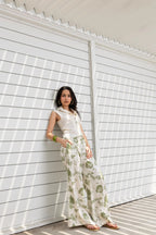 Front-Open Button Gathered Top with Embroidery + Printed Wide Leg Pants Set