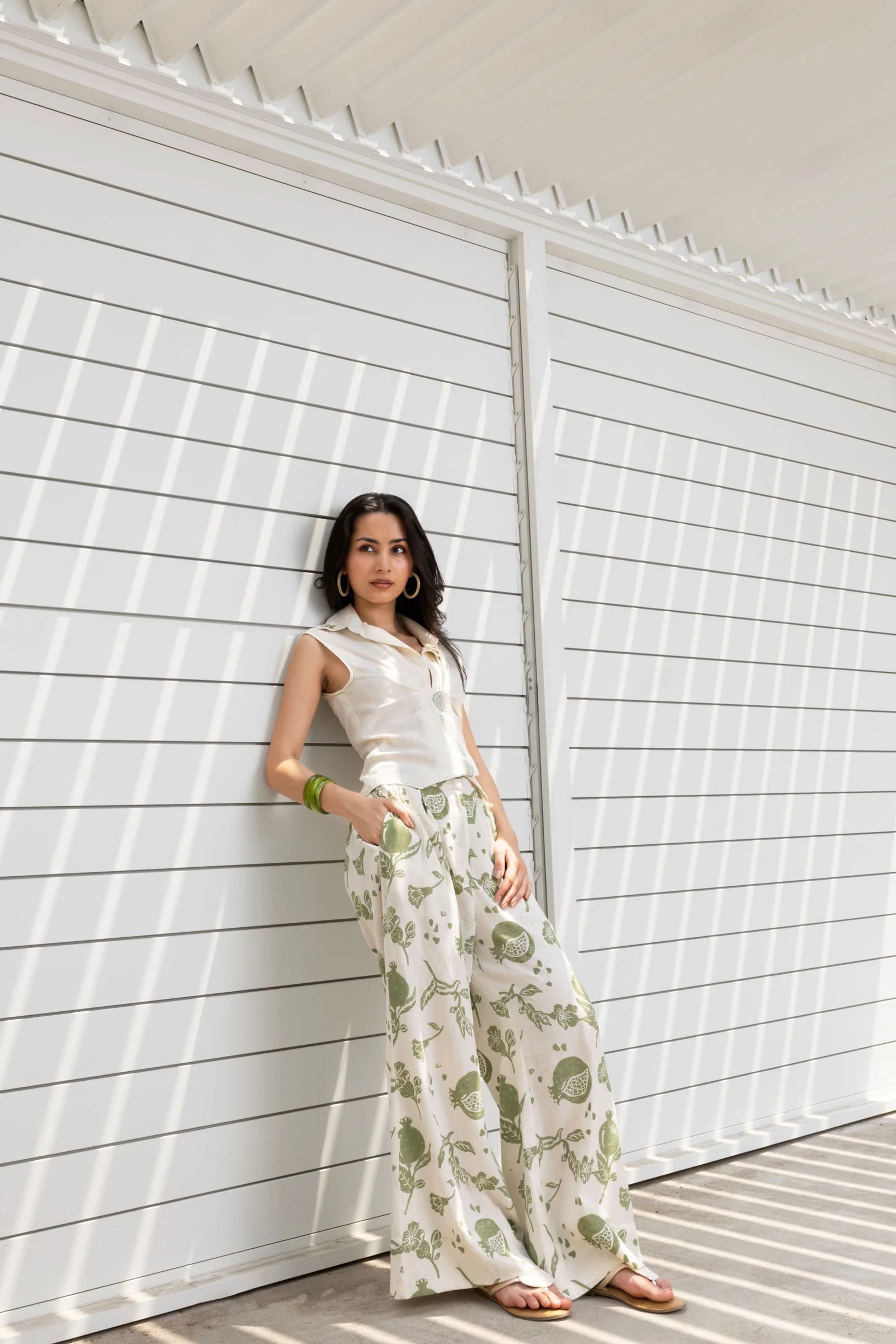 Front-Open Button Gathered Top with Embroidery + Printed Wide Leg Pants Set