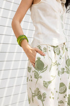 Front-Open Button Gathered Top with Embroidery + Printed Wide Leg Pants Set