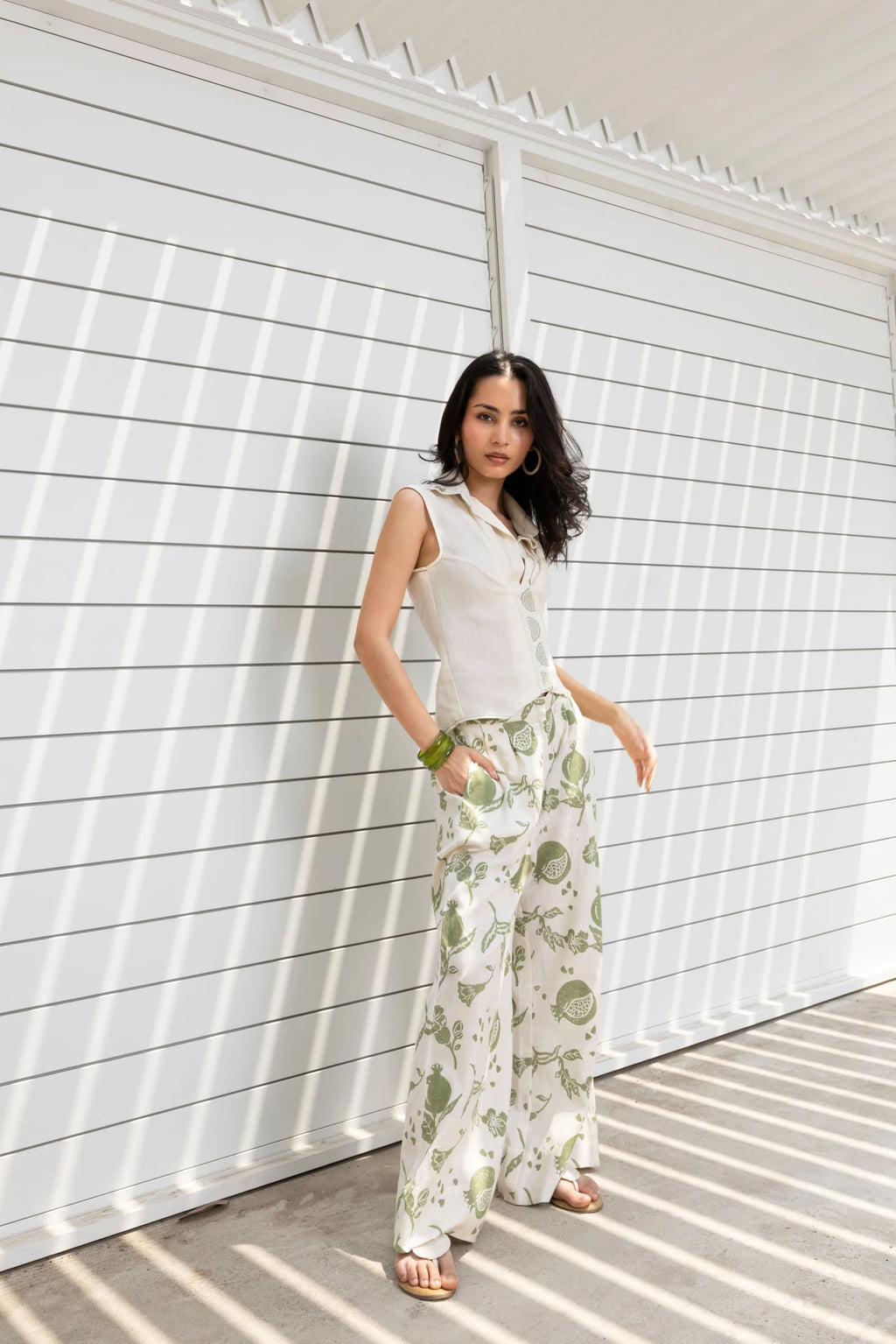 Front-Open Button Gathered Top with Embroidery + Printed Wide Leg Pants Set