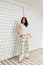 Front-Open Button Gathered Top with Embroidery + Printed Wide Leg Pants Set