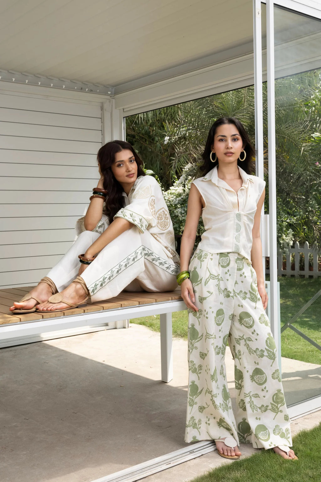 Front-Open Button Gathered Top with Embroidery + Printed Wide Leg Pants Set