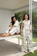 Front-Open Button Gathered Top with Embroidery + Printed Wide Leg Pants Set