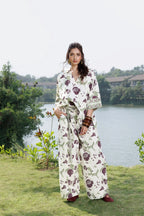 Boxy Oversized Top with Embroidered Collar & Sleeves + Pleated Wide-Leg Pants with Side Belt Set
