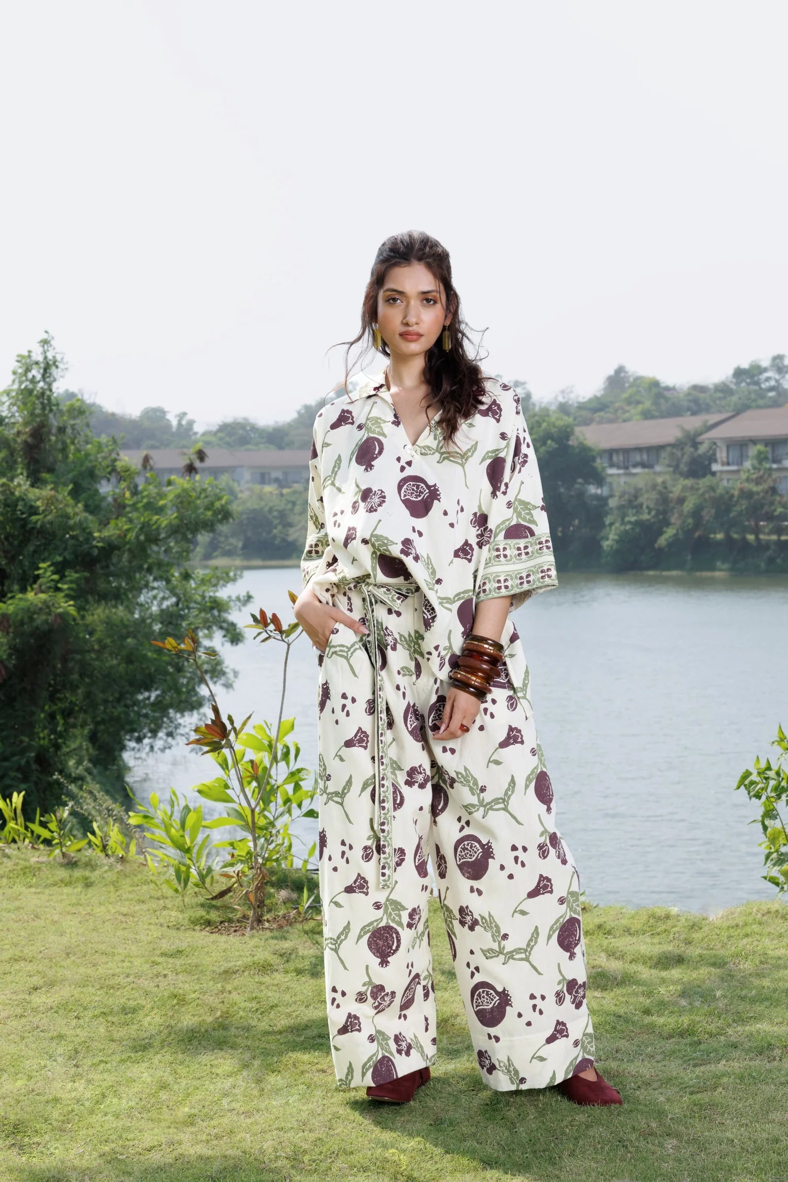Boxy Oversized Top with Embroidered Collar & Sleeves + Pleated Wide-Leg Pants with Side Belt Set
