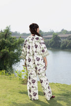 Boxy Oversized Top with Embroidered Collar & Sleeves + Pleated Wide-Leg Pants with Side Belt Set
