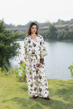 Boxy Oversized Top with Embroidered Collar & Sleeves + Pleated Wide-Leg Pants with Side Belt Set