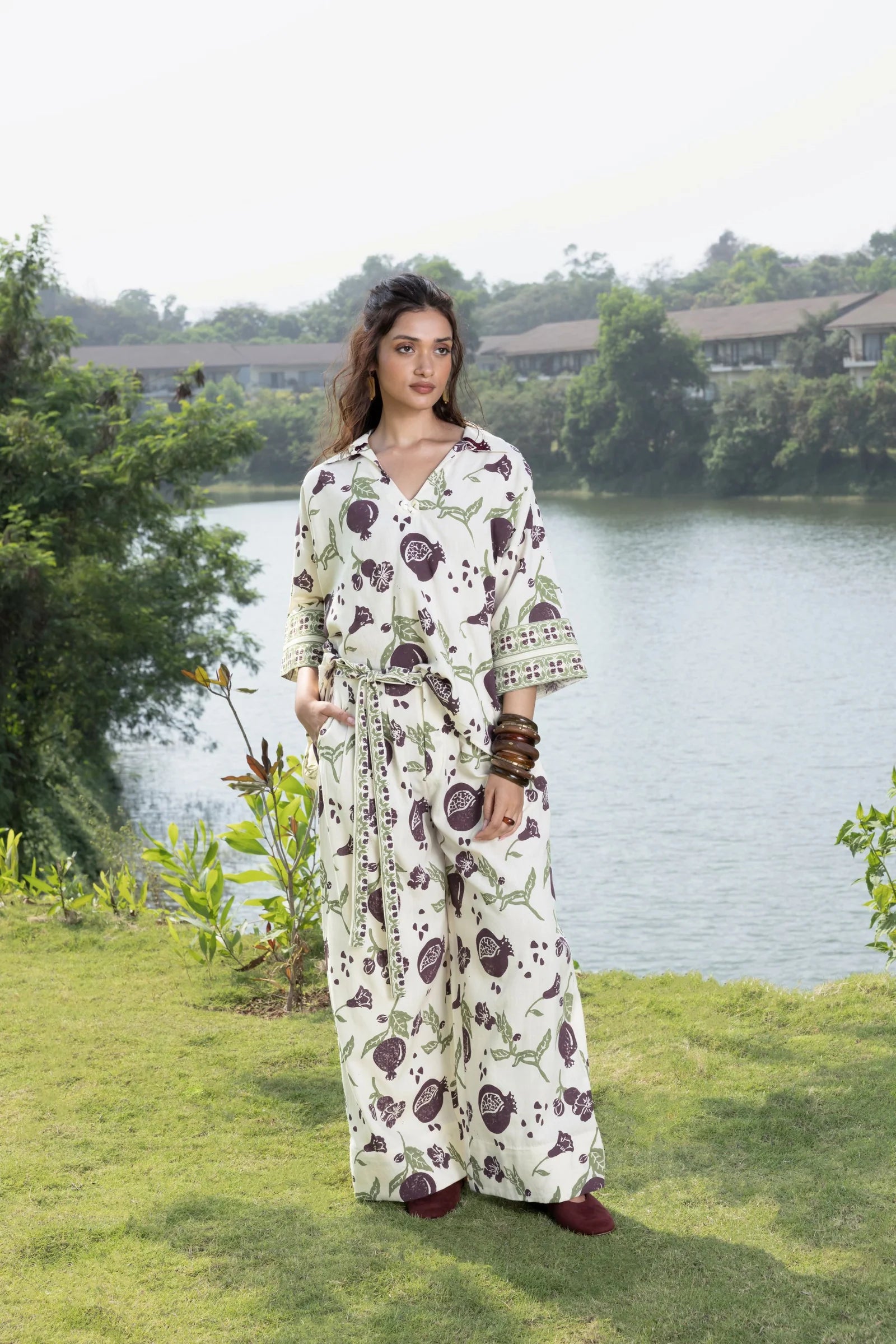 Boxy Oversized Top with Embroidered Collar & Sleeves + Pleated Wide-Leg Pants with Side Belt Set