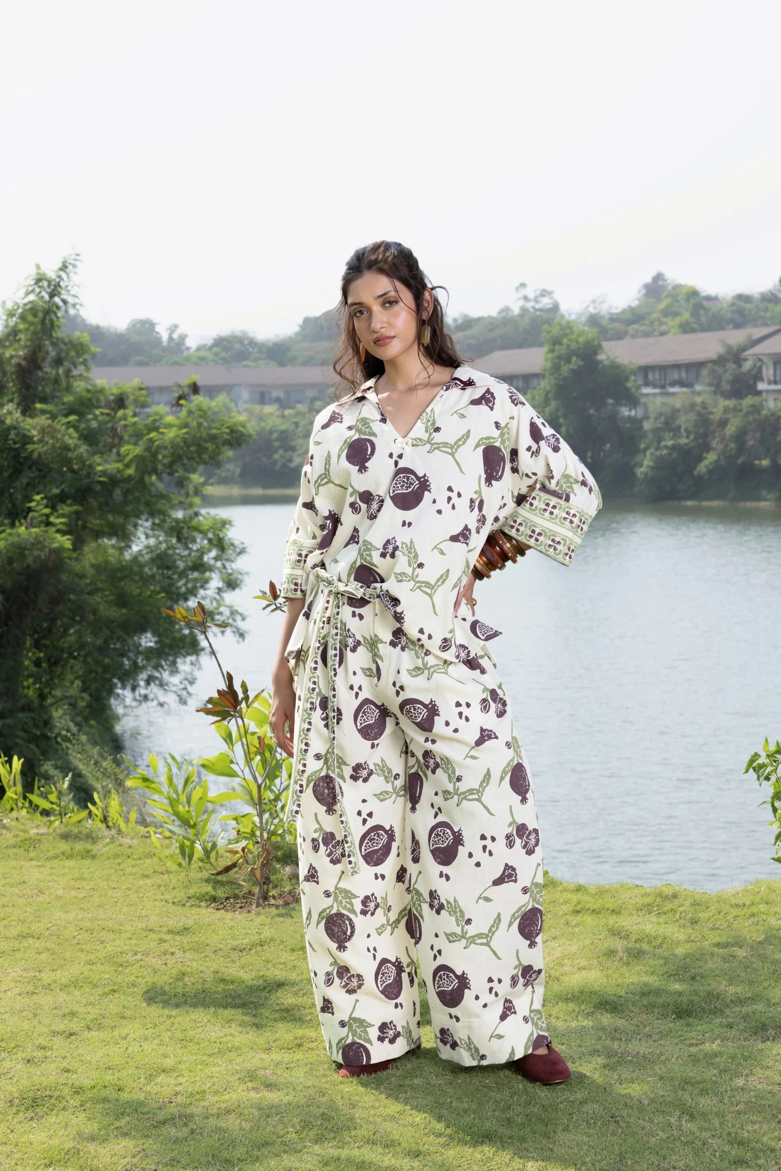 Boxy Oversized Top with Embroidered Collar & Sleeves + Pleated Wide-Leg Pants with Side Belt Set