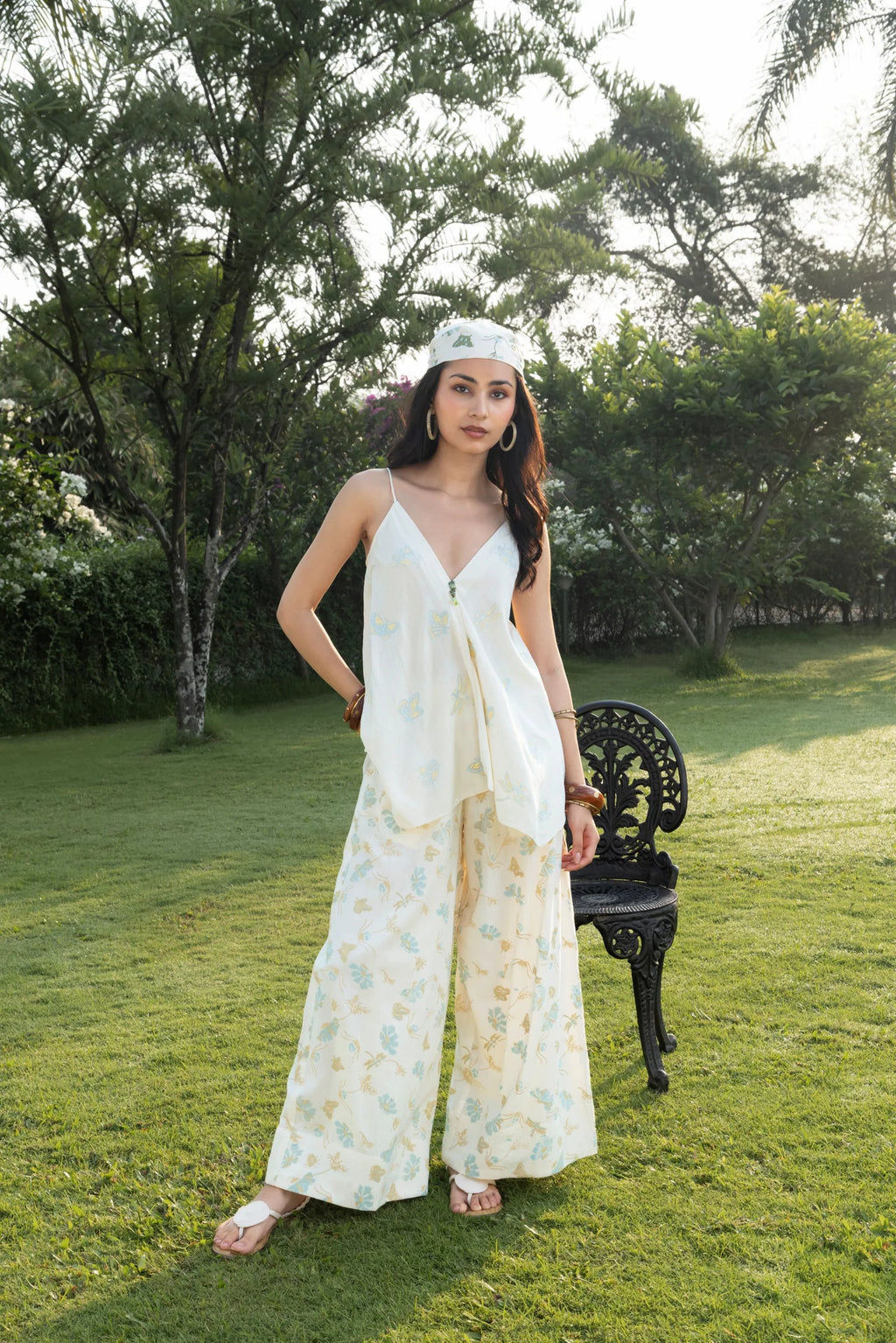 Butterfly Embroidered V-Neck Cami Top with Adjustable Straps + Printed Wide-Leg Pants with Side Elastic Waist Set