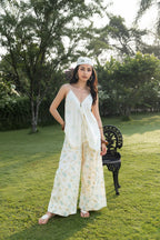 Butterfly Embroidered V-Neck Cami Top with Adjustable Straps + Printed Wide-Leg Pants with Side Elastic Waist Set