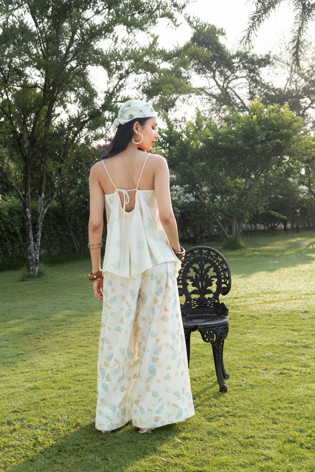 Butterfly Embroidered V-Neck Cami Top with Adjustable Straps + Printed Wide-Leg Pants with Side Elastic Waist Set