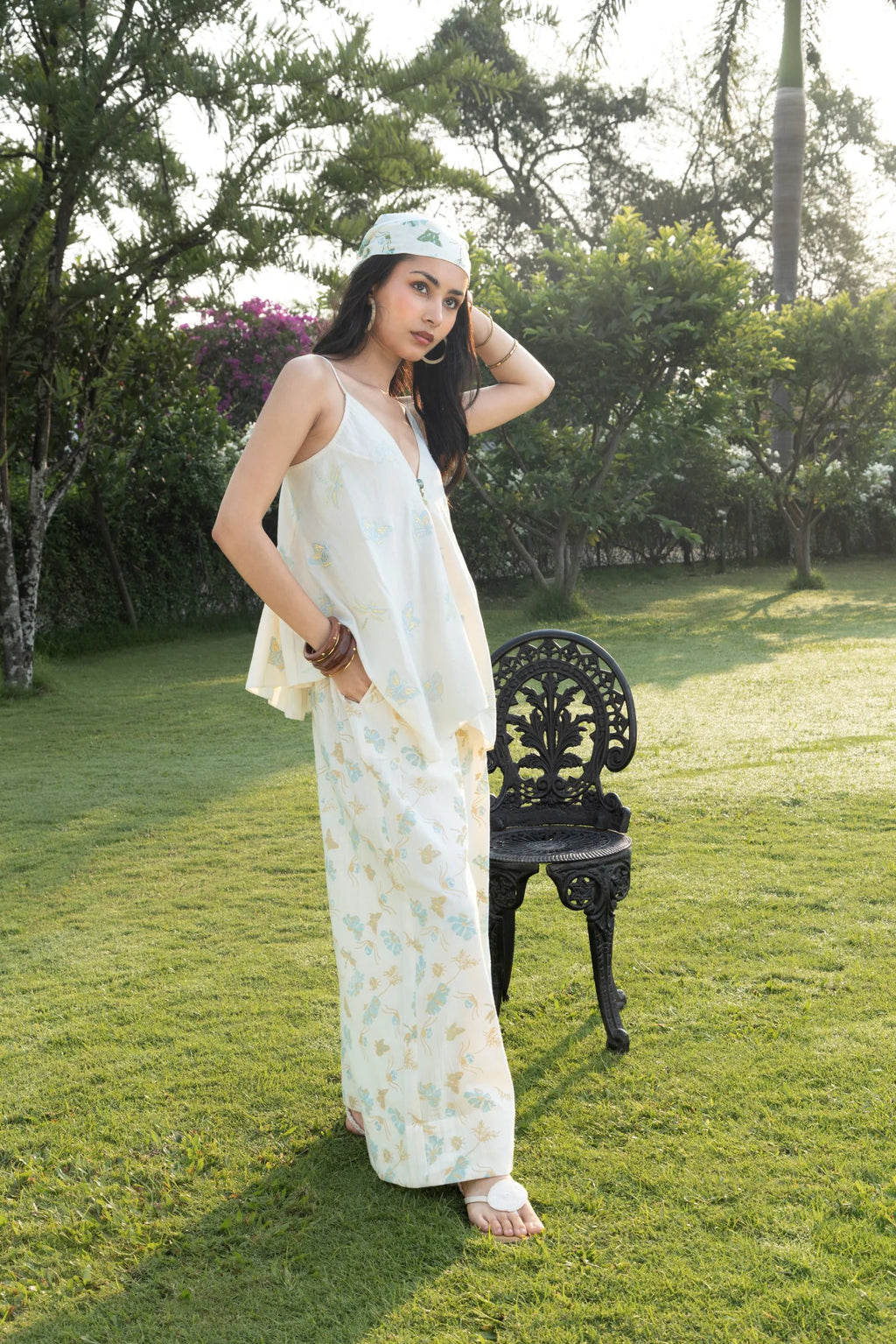 Butterfly Embroidered V-Neck Cami Top with Adjustable Straps + Printed Wide-Leg Pants with Side Elastic Waist Set