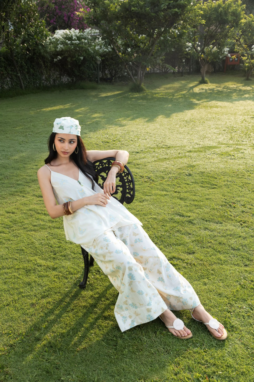 Butterfly Embroidered V-Neck Cami Top with Adjustable Straps + Printed Wide-Leg Pants with Side Elastic Waist Set