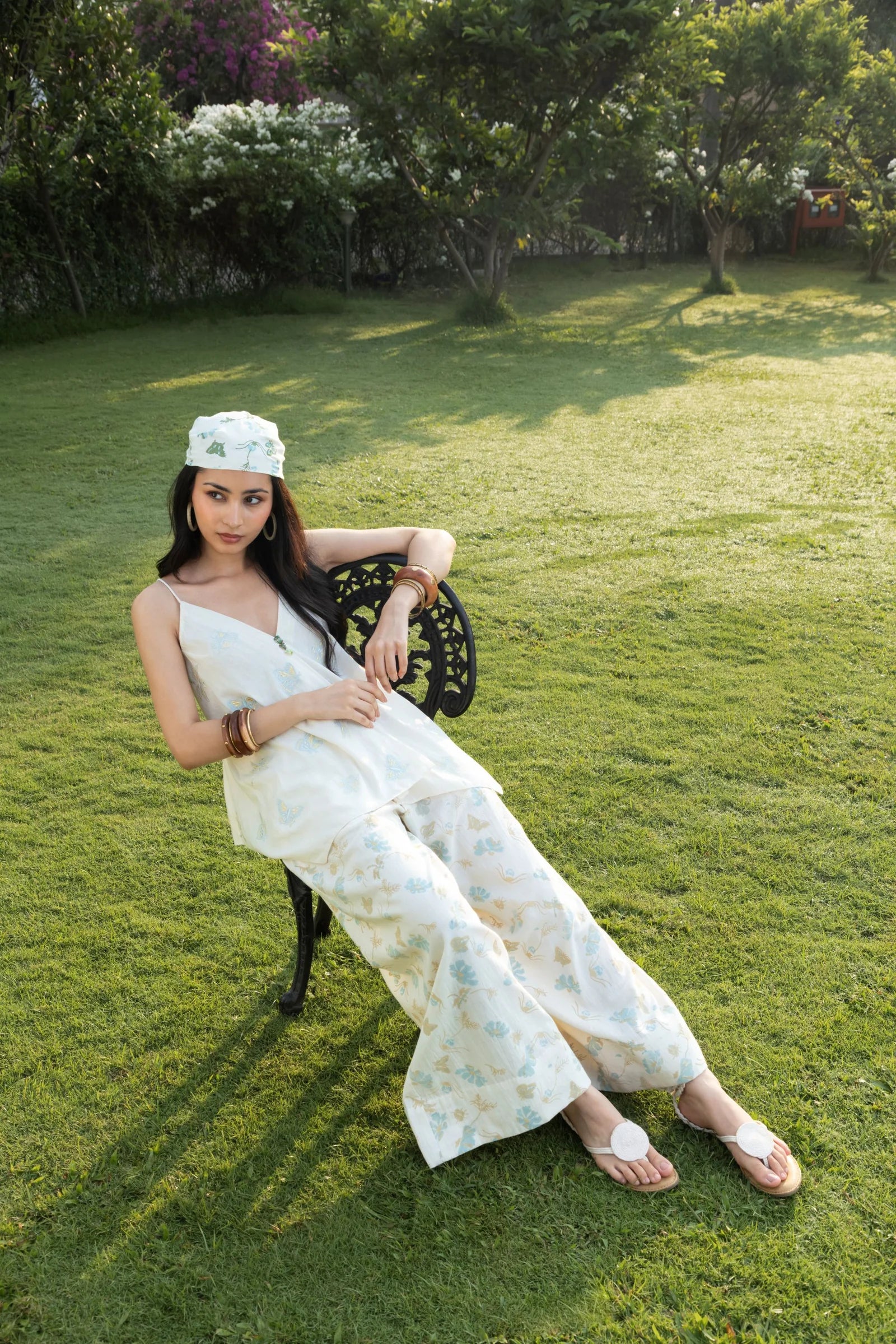 Butterfly Embroidered V-Neck Cami Top with Adjustable Straps + Printed Wide-Leg Pants with Side Elastic Waist Set