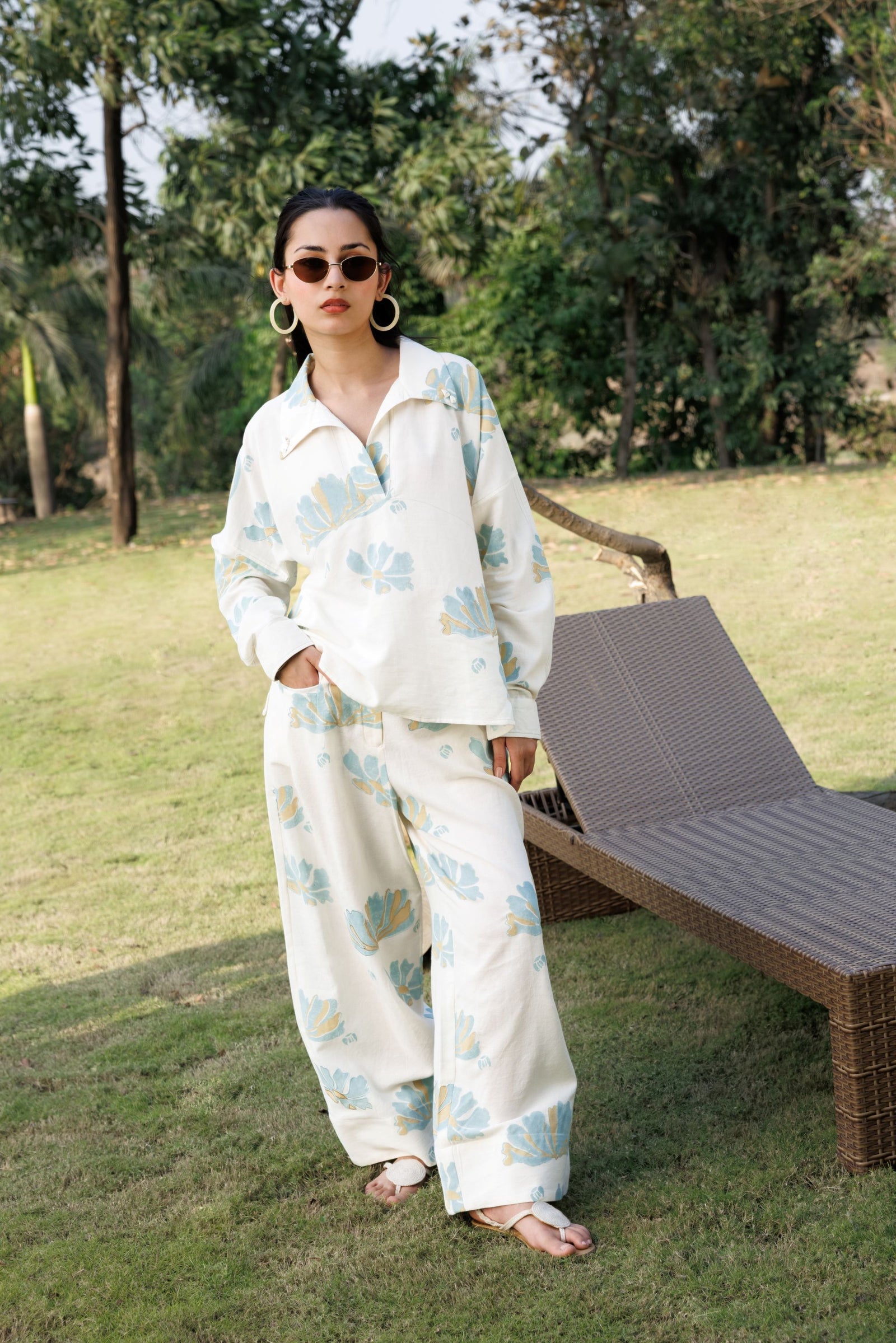 Collared Top with Stitch Detailing + Wide-Leg Pants with Front Pocket Detail Set