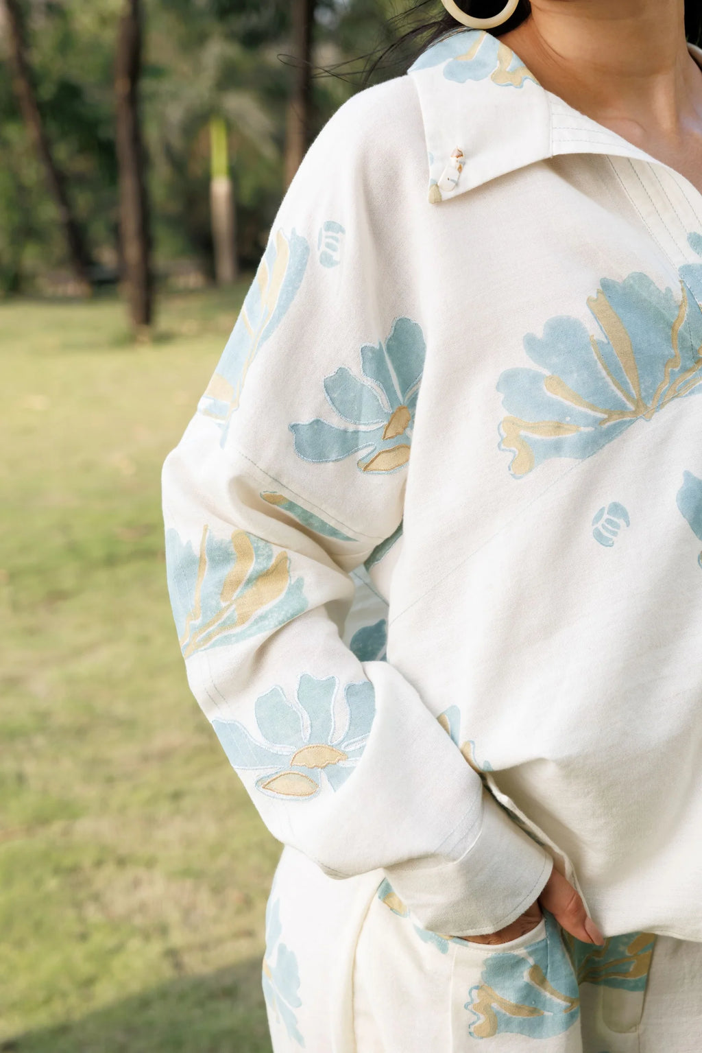 Collared Top with Stitch Detailing + Wide-Leg Pants with Front Pocket Detail Set