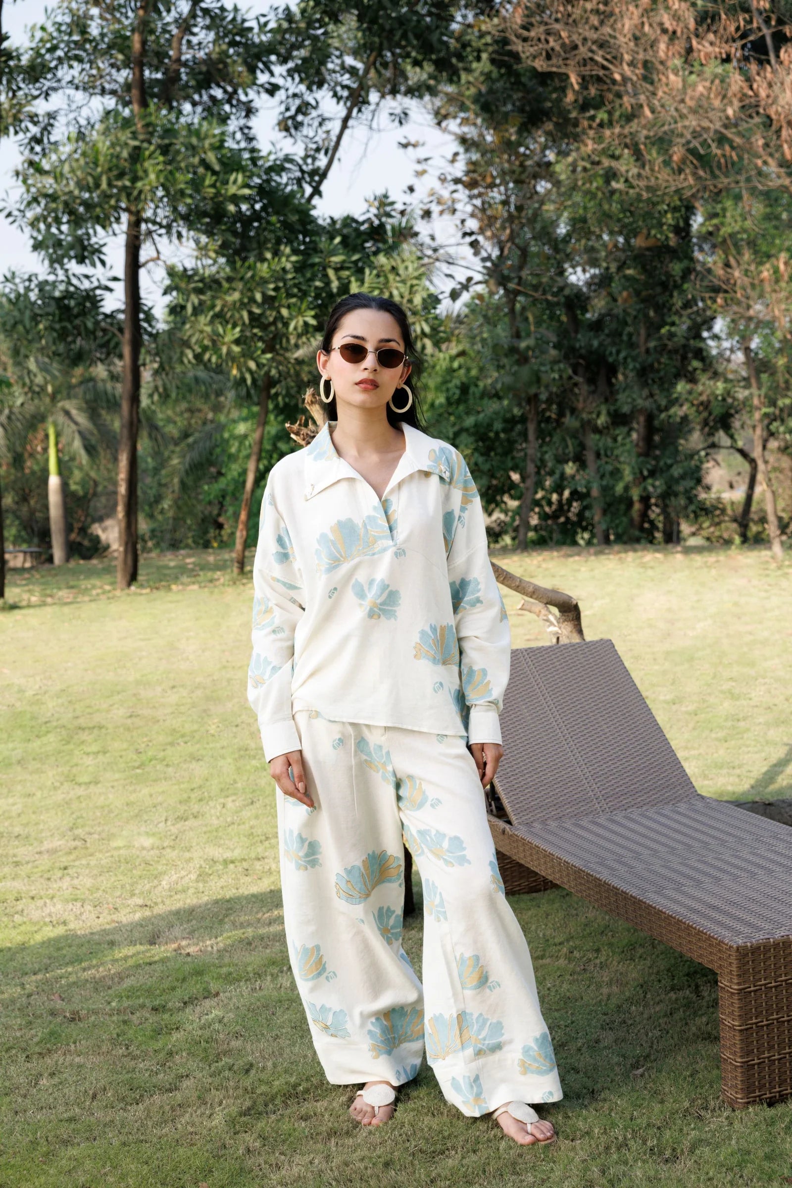 Collared Top with Stitch Detailing + Wide-Leg Pants with Front Pocket Detail Set