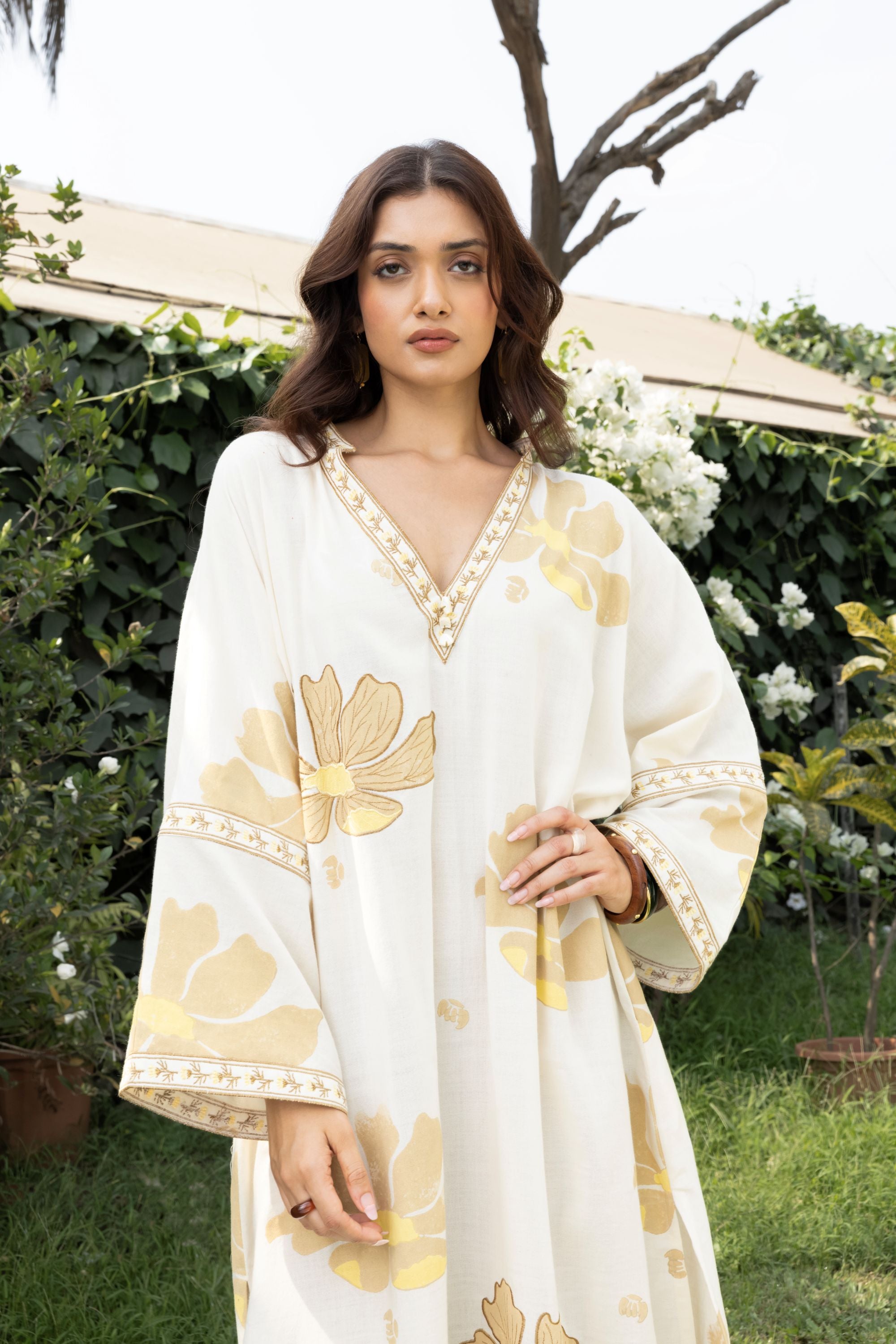 Oversized V-Neck Kaftan with Border Detail