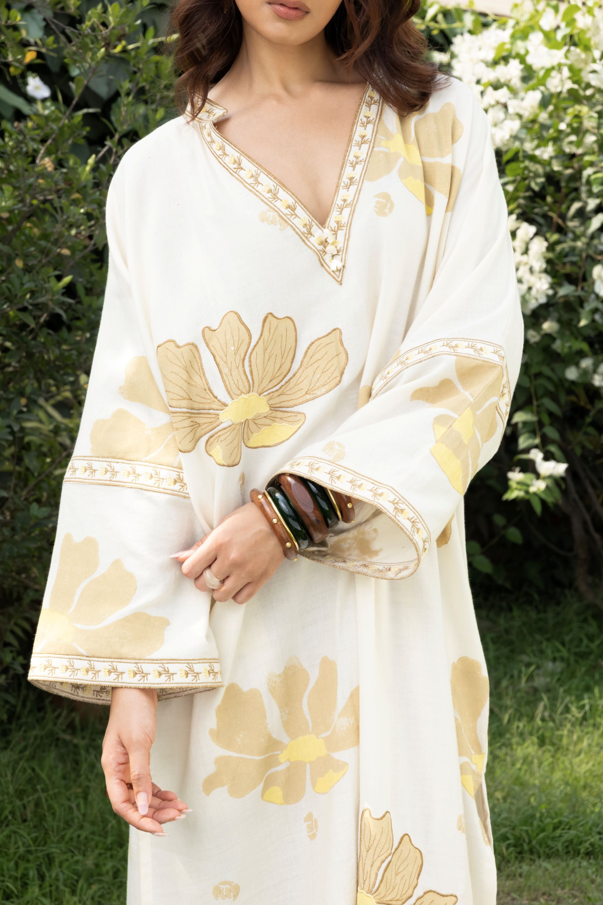 Oversized V-Neck Kaftan with Border Detail