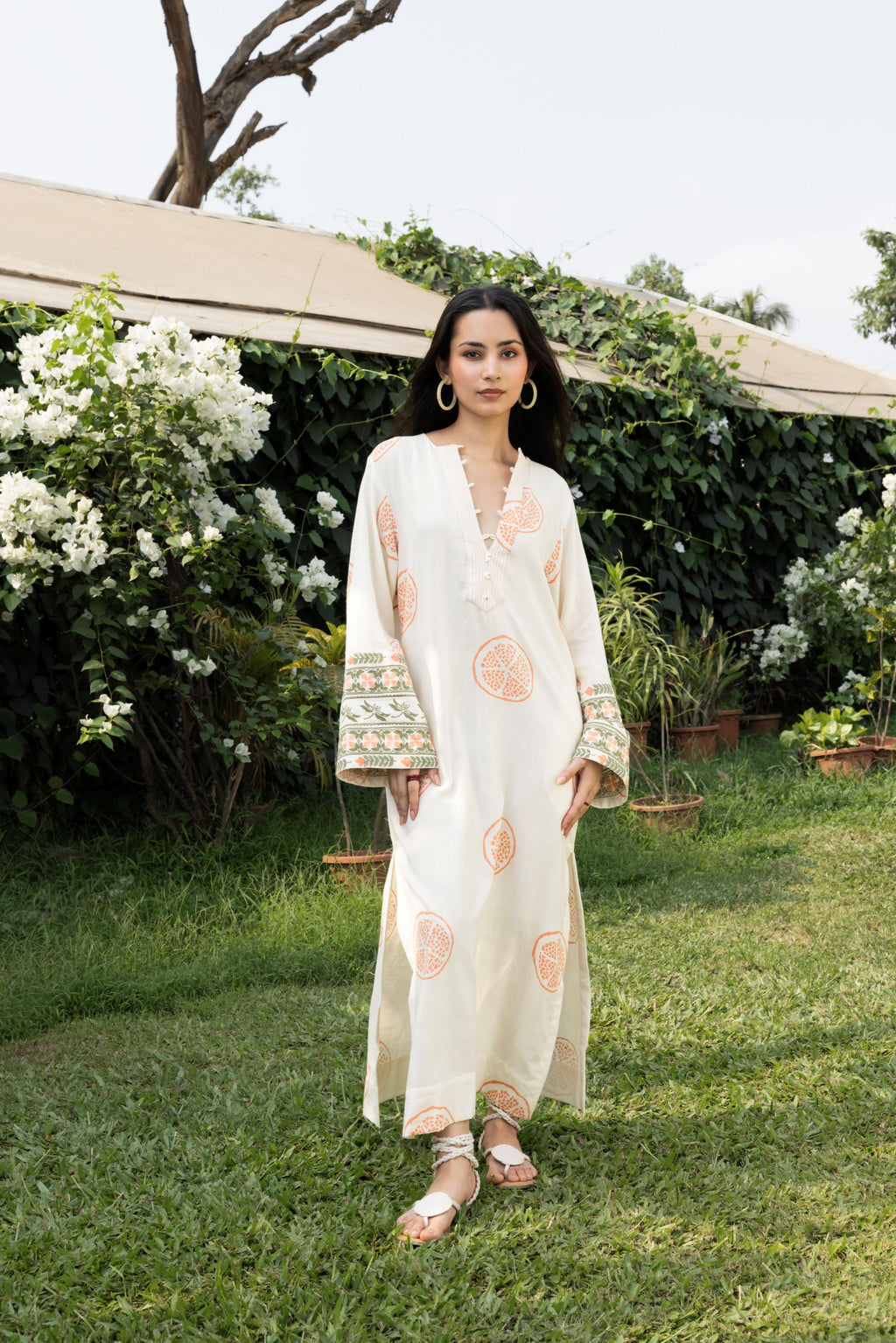Kaftan with Front Tie-Up & Embroidered Sleeves
