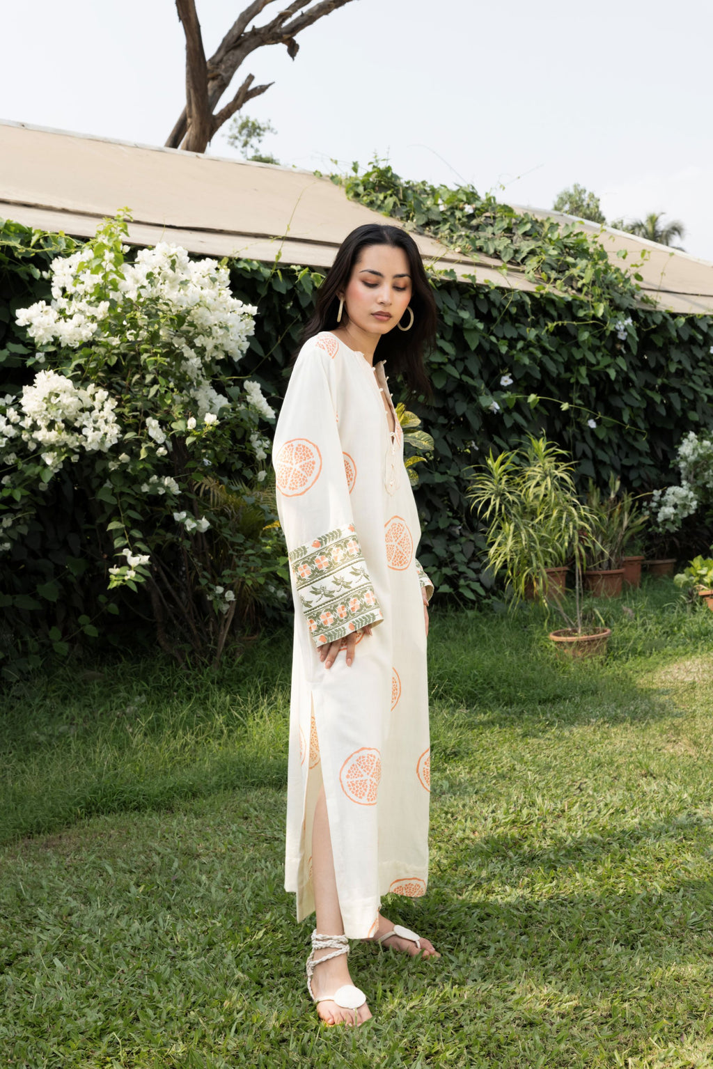 Kaftan with Front Tie-Up & Embroidered Sleeves